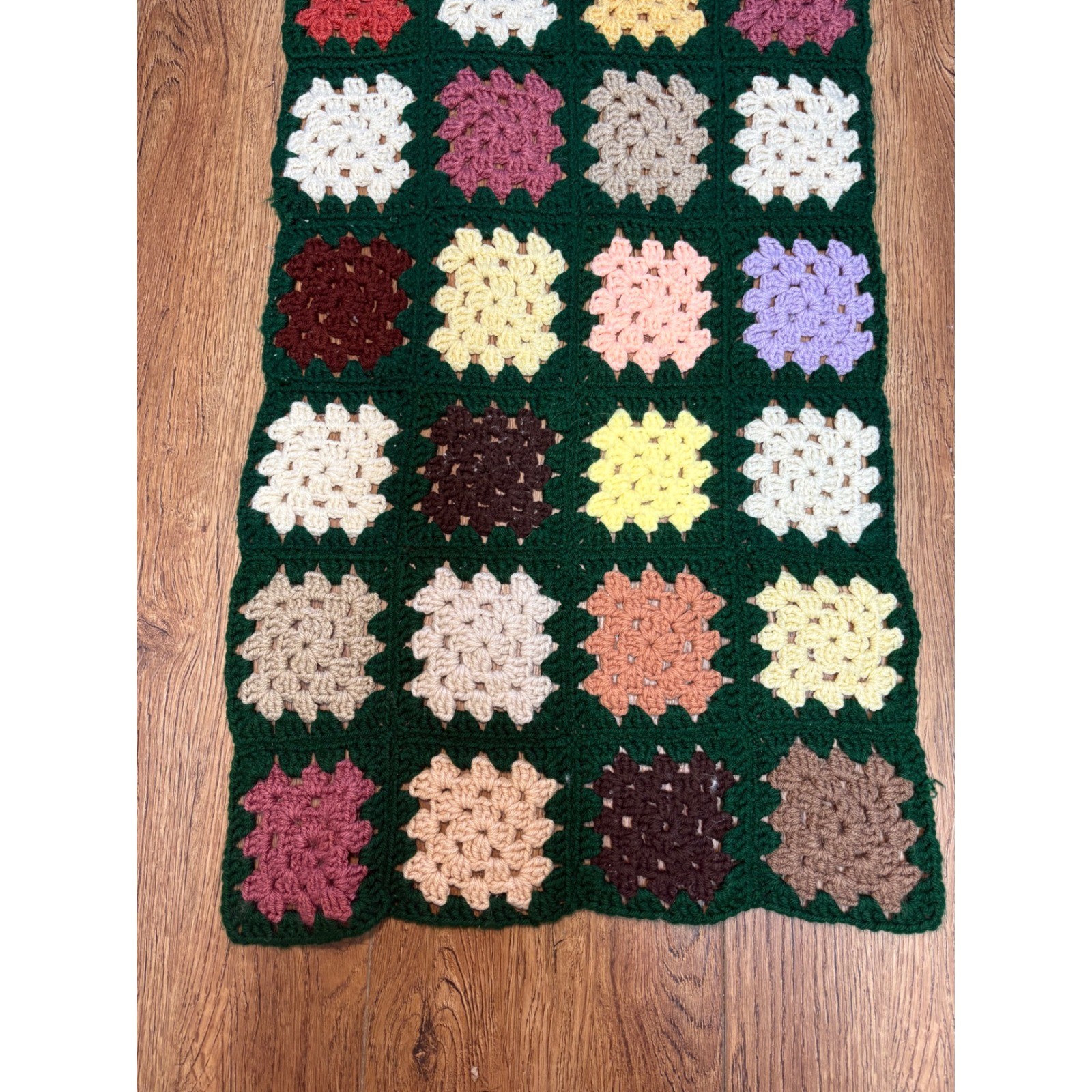 Handmade Crochet Granny Square Table Runner Green Multi Color Boho Vintage 70×19