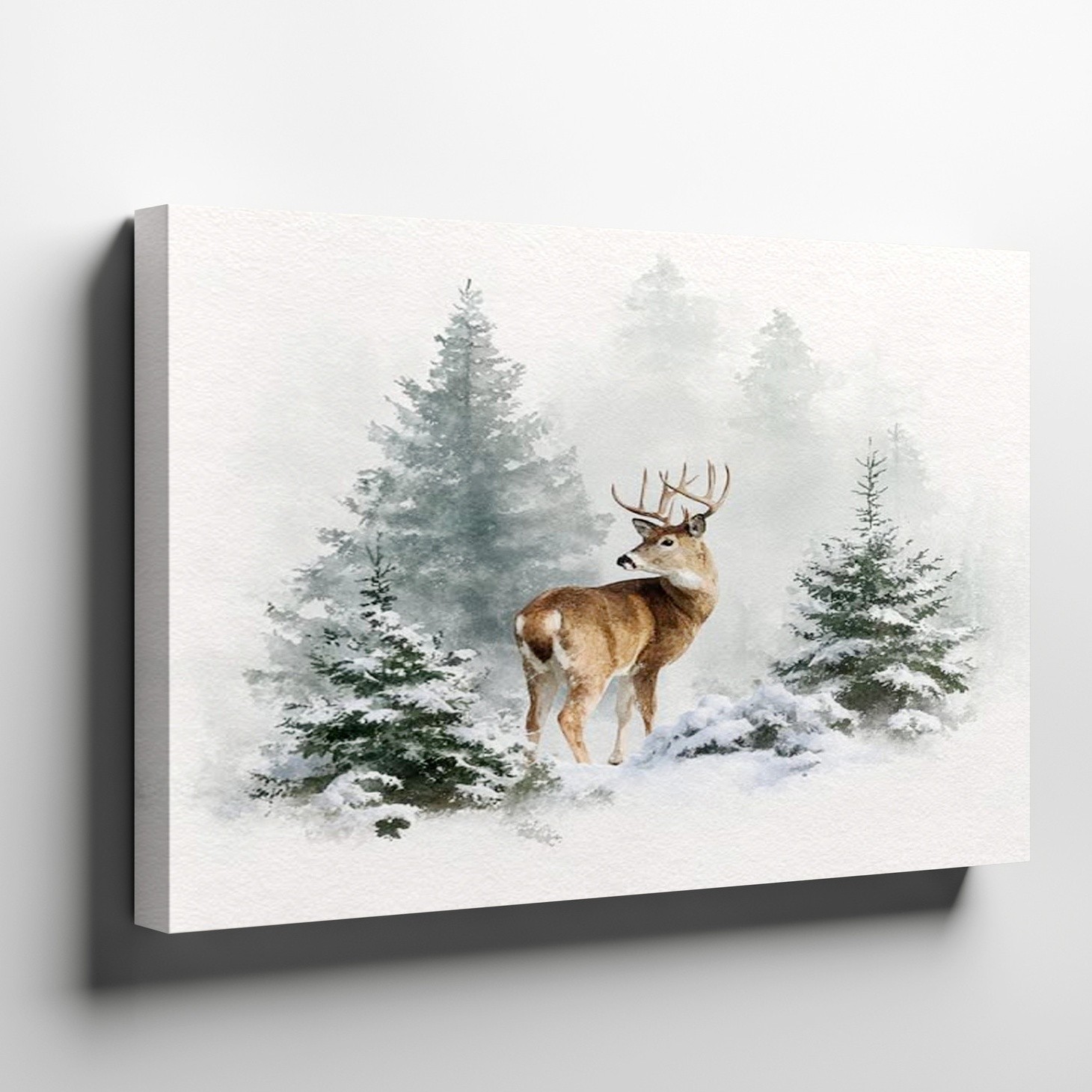 Winter Deer Canvas Art Wildlife Painting Snowy Pine Trees Nature Woodland Print