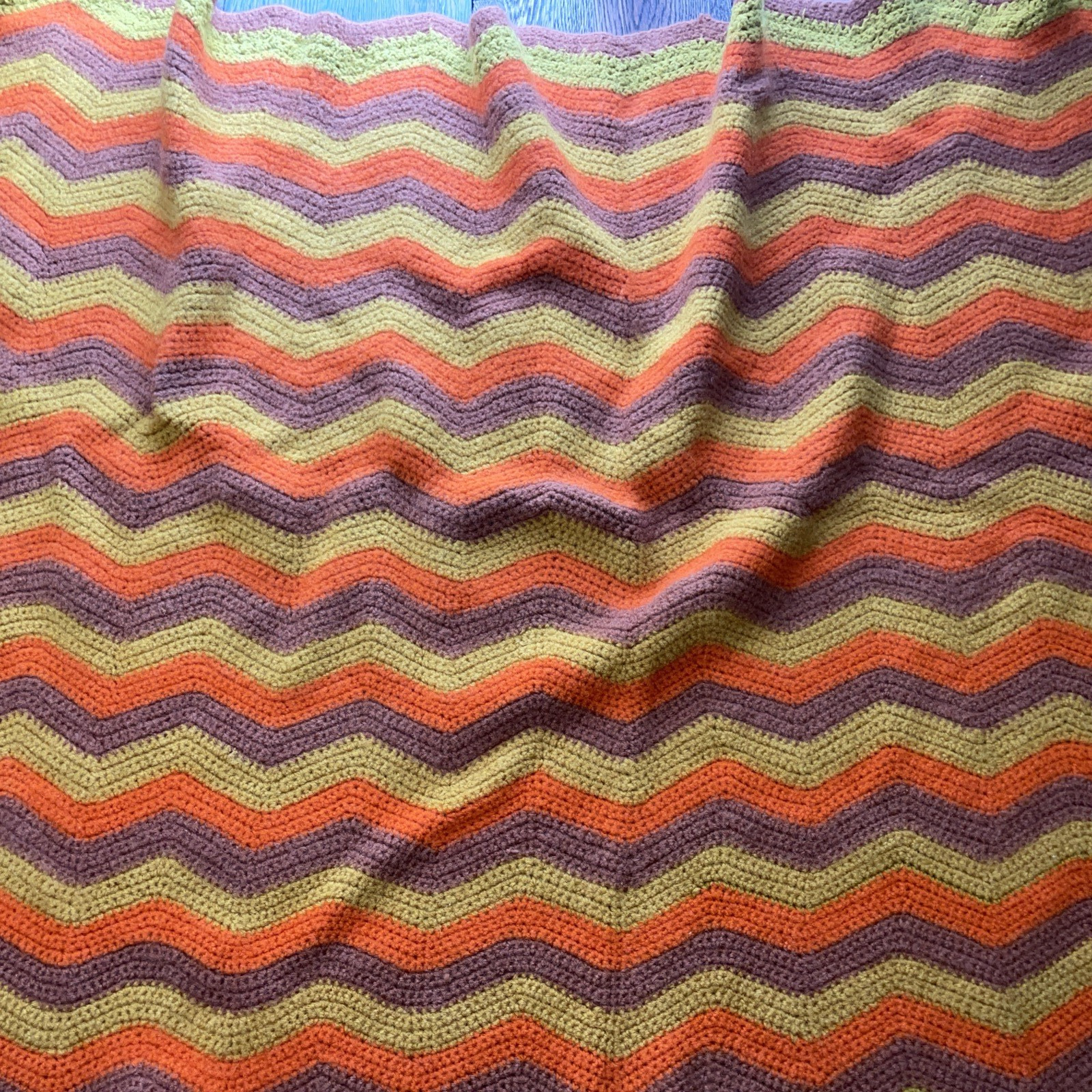Vtg Crochet Blanket Chevron Zig Zag Orange Brown Yellow 36&Prime;x52&Prime; Soft Cottagecore