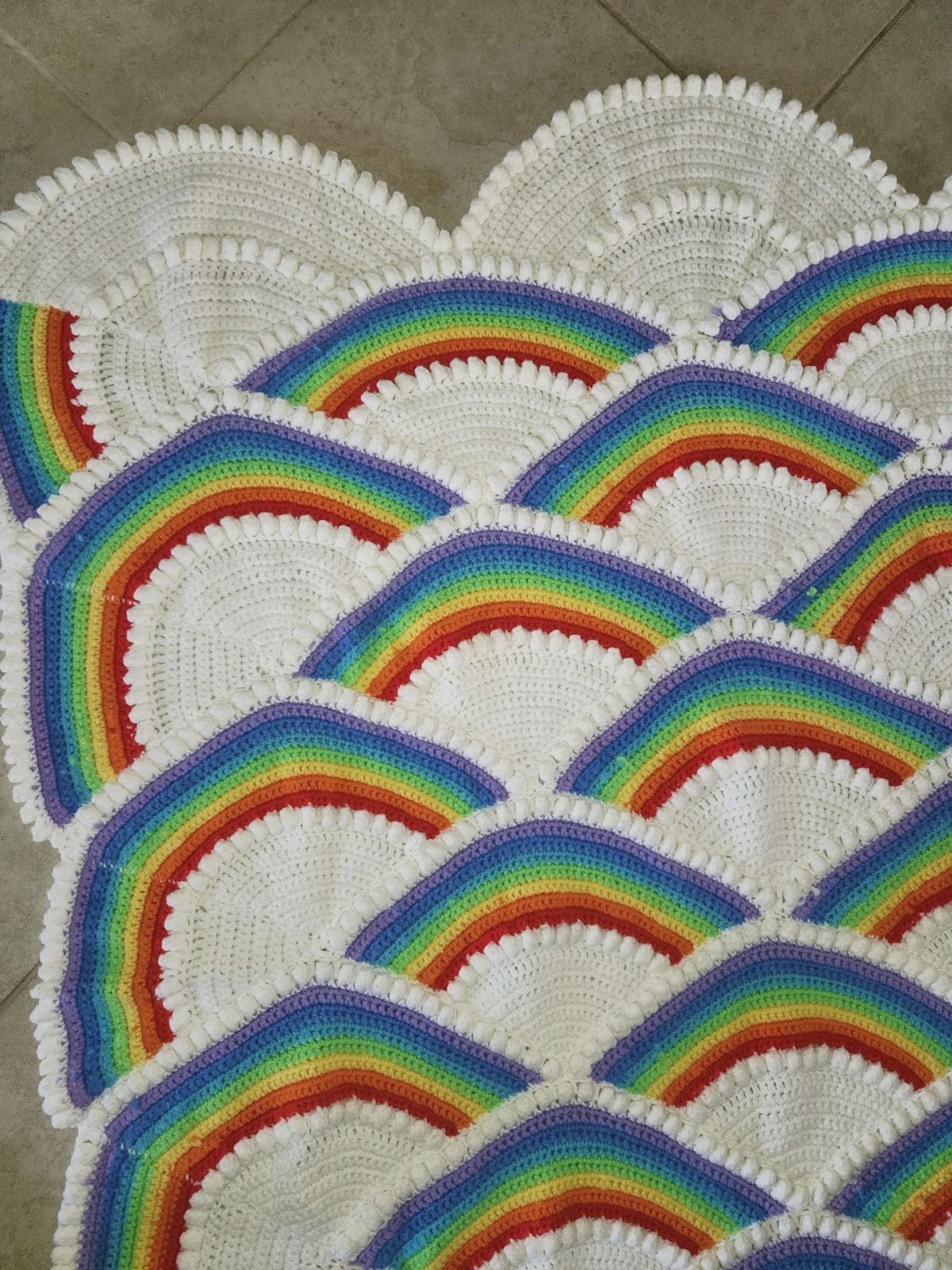 Vtg. Rainbow & Clouds Handmade Crochet Afghan Blanket Retro Pride Scalloped edge