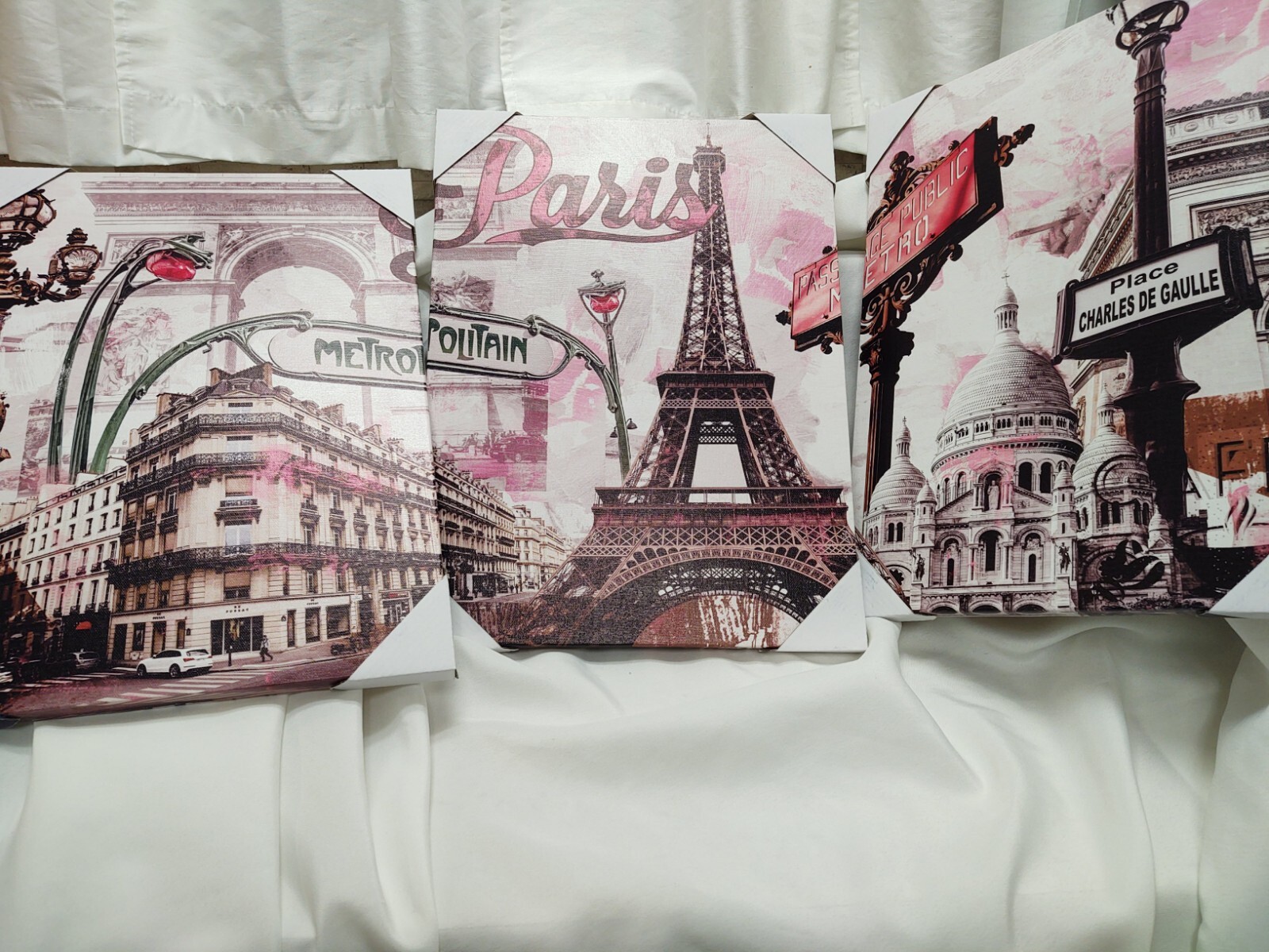 Paris Eiffel Tower & More Black, White, And Pink Canvas Paintings / Lot of 3