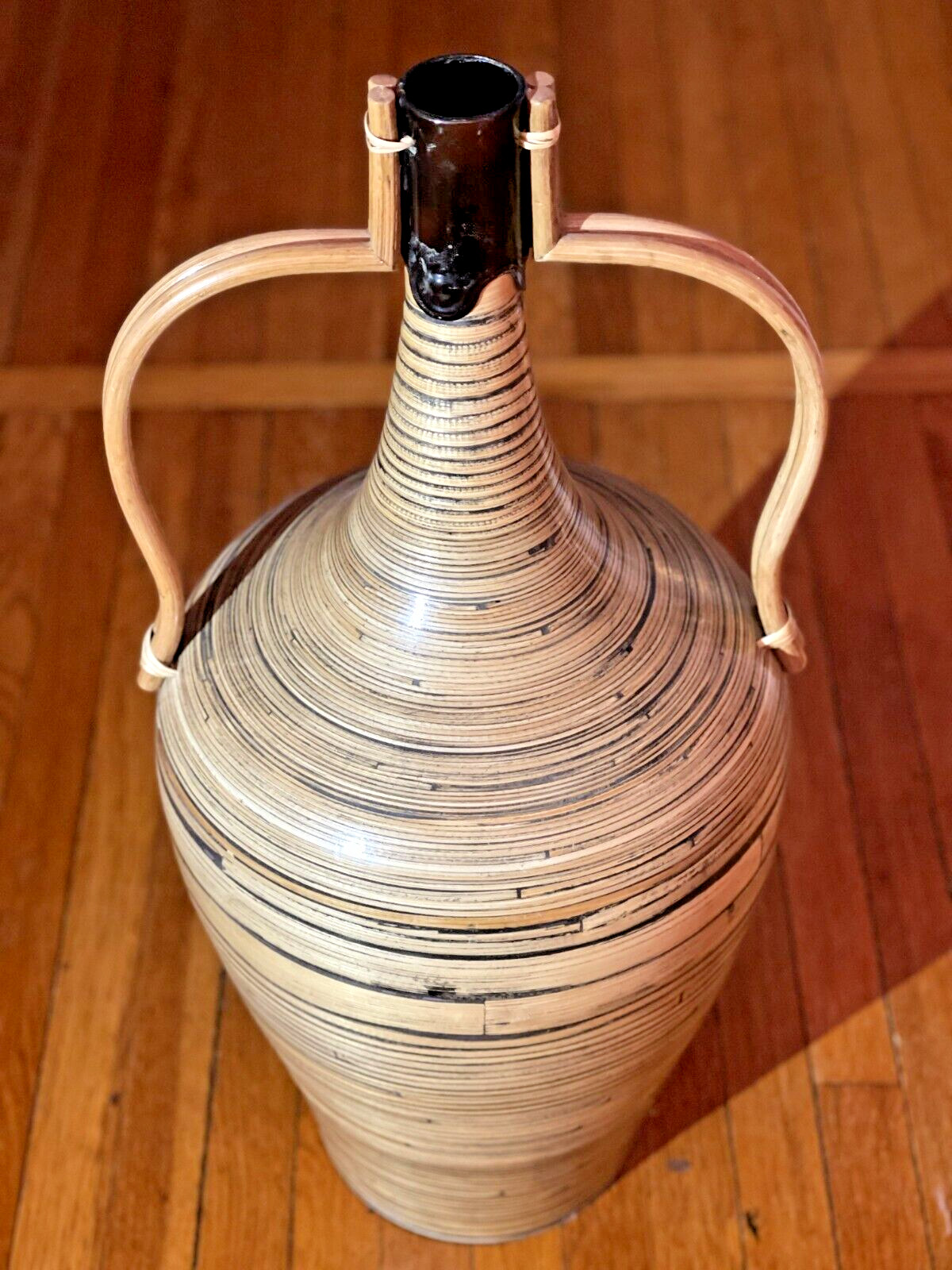 28 Inch Polished Bamboo Floor Jug Vase With Curved Ratan Handles