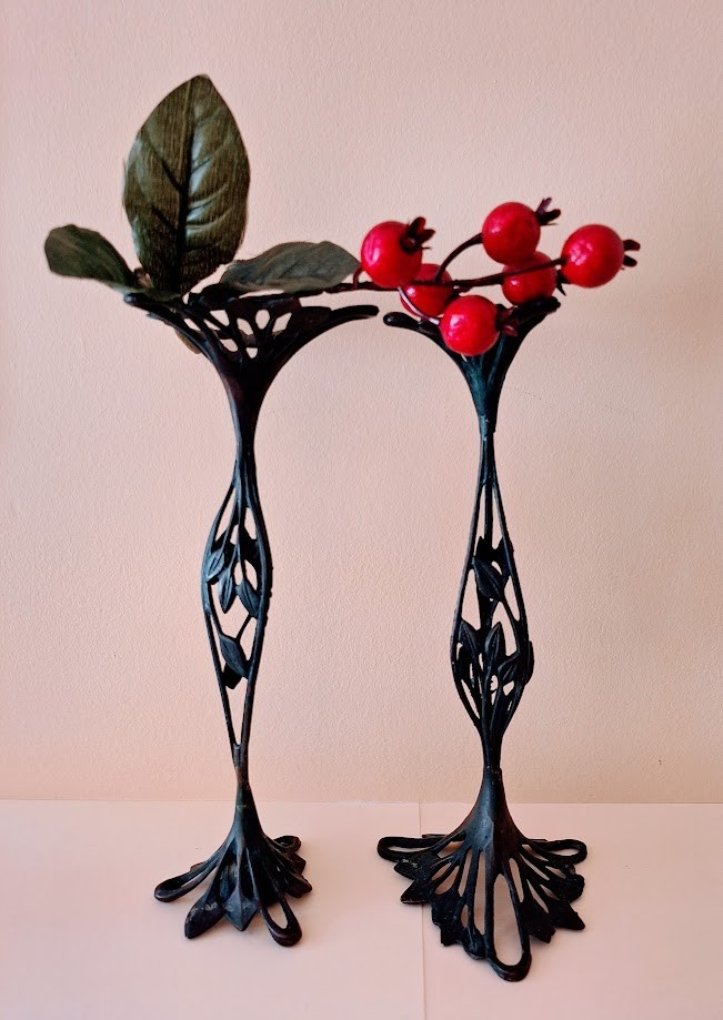 Art Nouveau Style Jugenstil (German Art Nouveau) Painted Metal Candlesticks