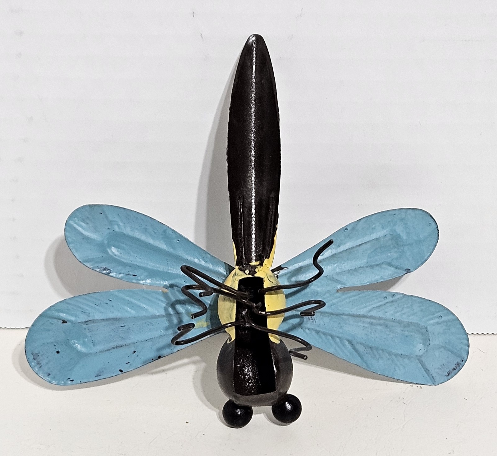 Metal Dragonfly Sculpture Hand-Painted Blue Yellow Brown Decor Wings – 6 Inches