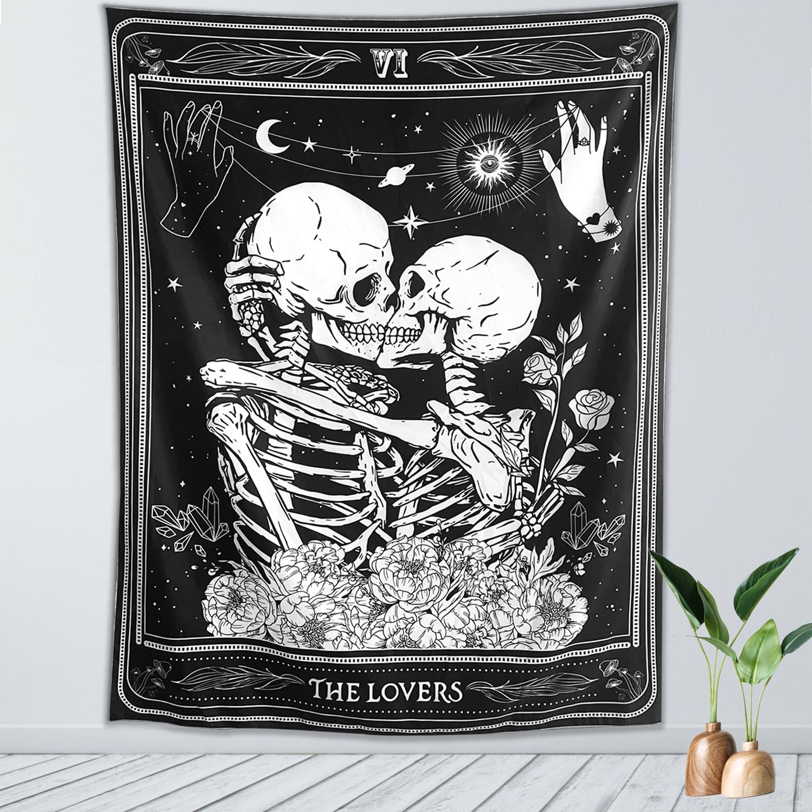 KJHL The Lovers Skull Tapestry Wall Hanging Black Gothic 48&Prime;L x 36&Prime;W,
