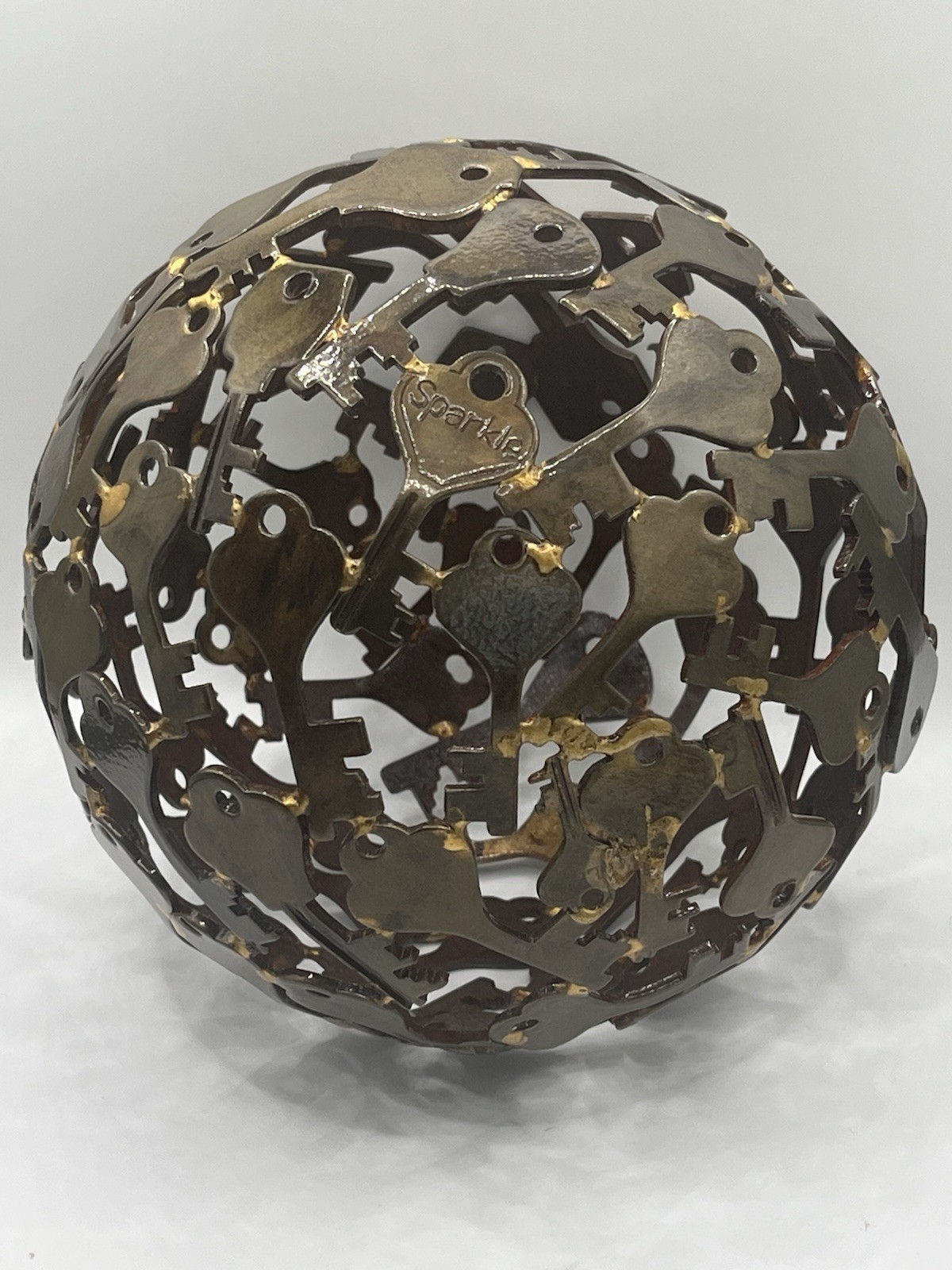 Bronze Gold Metal Key Sphere Sculpture, Freestanding Carved Keys Decor