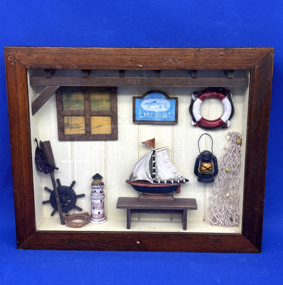 Nautical Fishing Shadow Box Vintage Wall Decor Lake Trout Sailboat