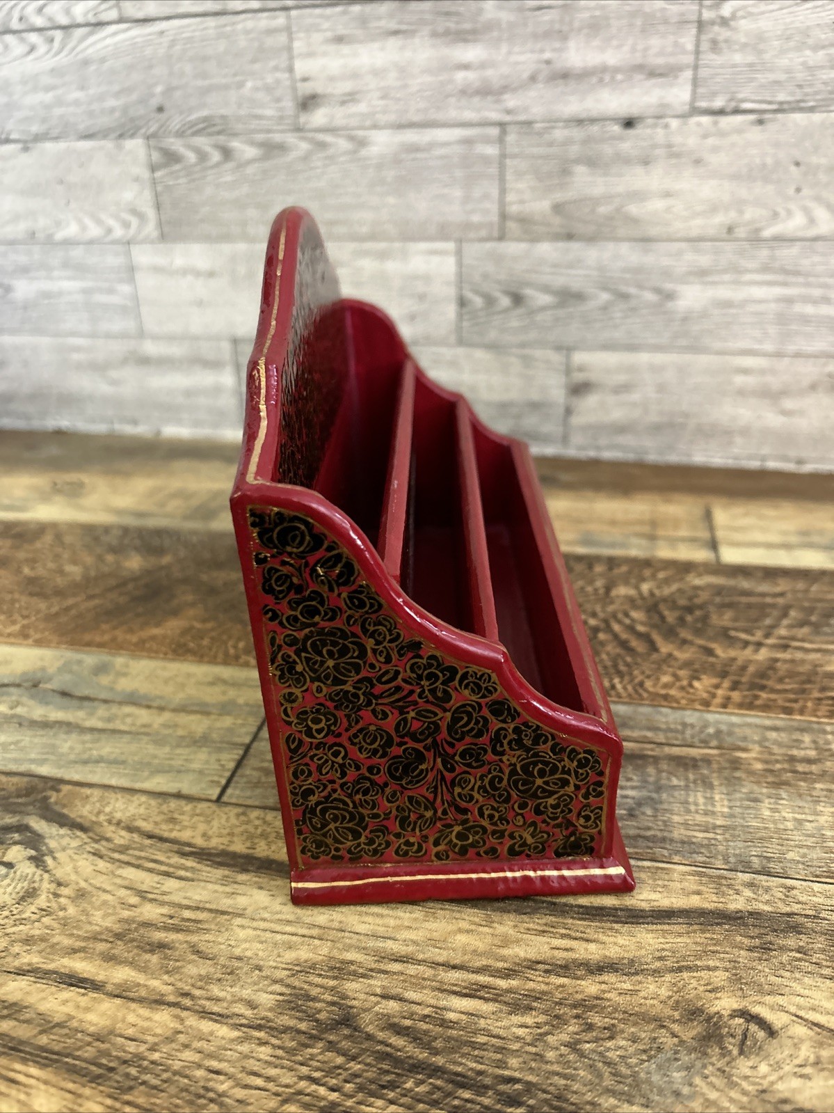 Vintage Wood Lacquer Letter Rack Holder Lacquered Red