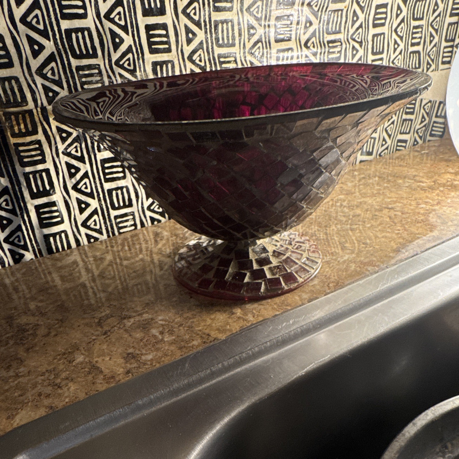 Red Mosaic Pattern Glass Pedestal Decorative Bowl, Round, All Occasions