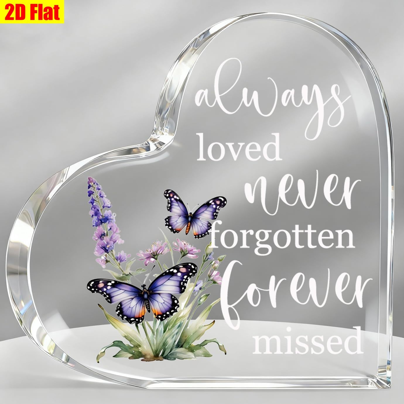 Heart Acrylic Plaque Purple Butterfly Floral Memorial Quote Tabletop Decoration