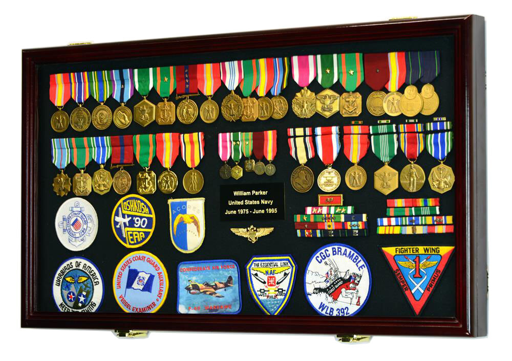 Large Military Medals Flag Pins Ribbons Patches Display Case Cabinet Shadow Box