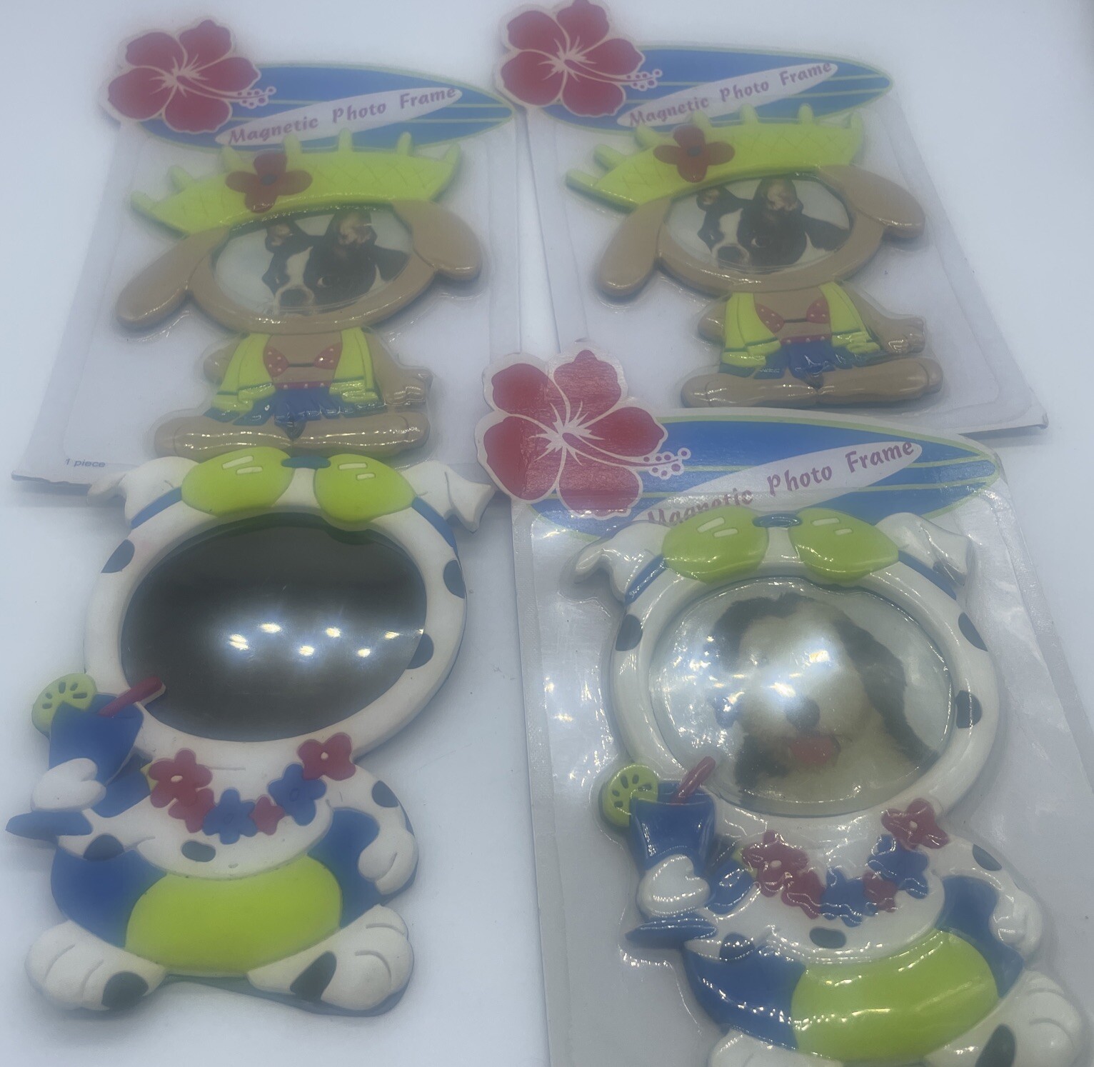 Lot 4New Sealed Adorable Hawaiian Luau Puppy Dog Magnetic 4.75 In Photo Frames