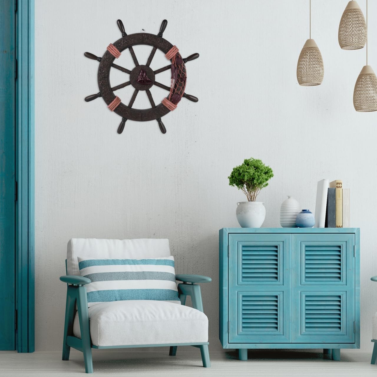 17.68 Inch Ship Wheel Wall Decor, Nautical Wall Decor for Home, Wooden Pirate…