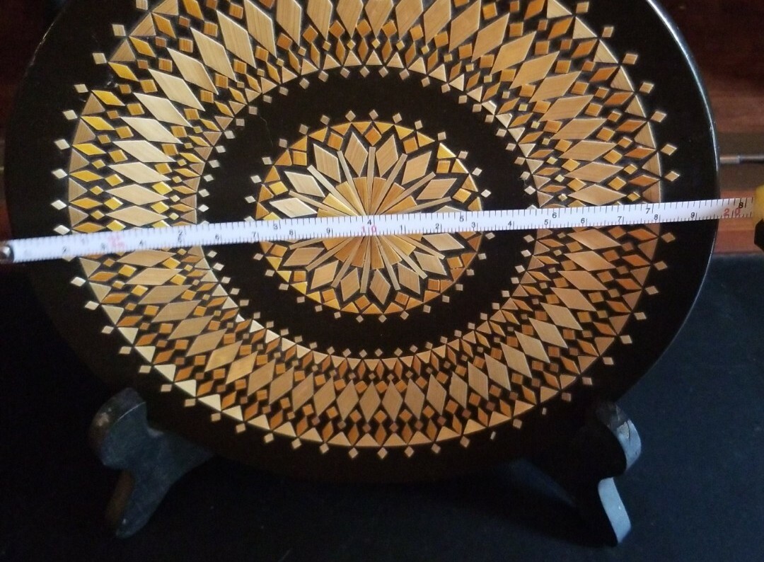 Russian Plate Ceramic Inlay Geometric Design 7.75 In Brown,Gold- repaired