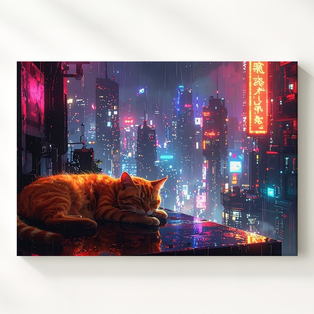 Wall Art Cyberpunk Orange Tabby Cat Canvas Neon Cityscape & Urban Tranquility