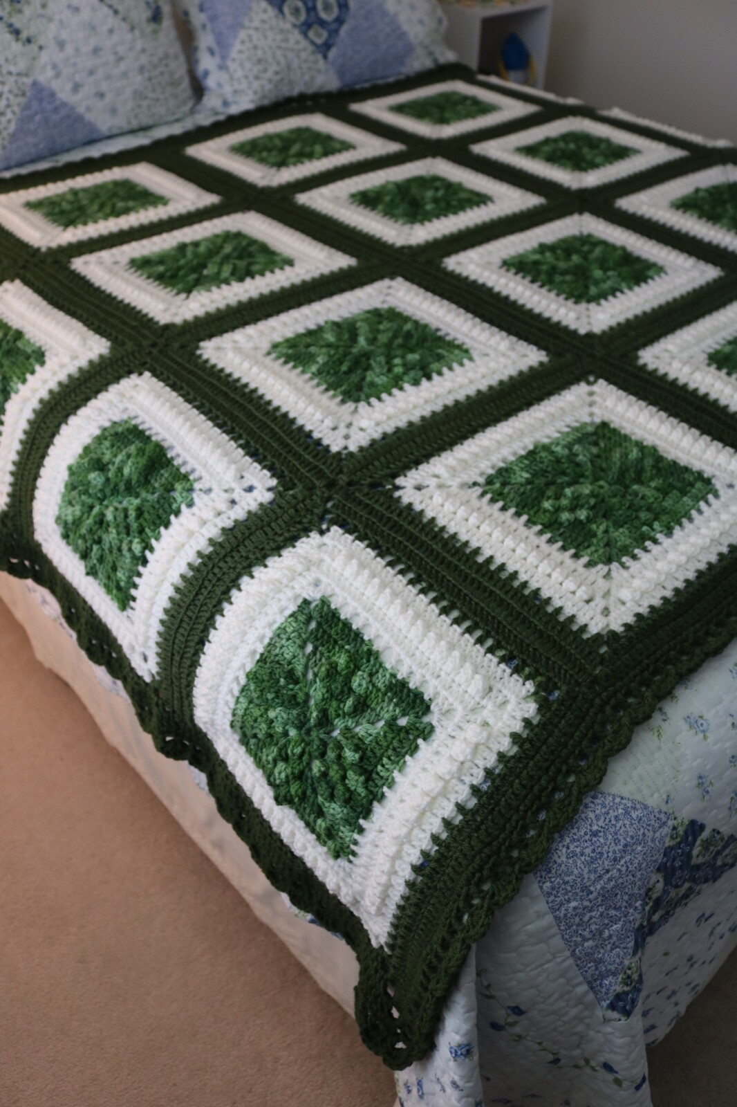 Granny Squares Afghan Hand Crocheted Blanket Greens Soft White & Medium Green