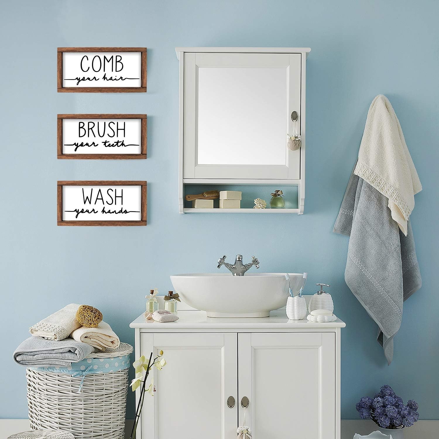 Rustic Bathroom Sign Set – Wash Brush Comb