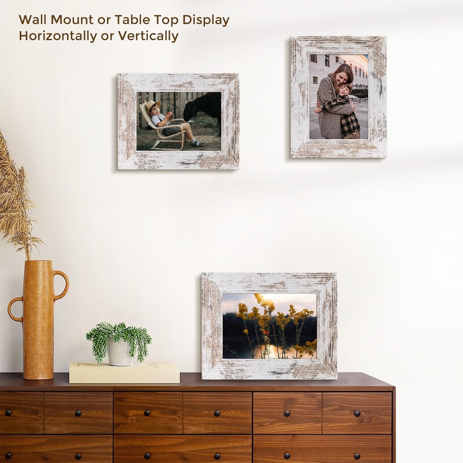 5×7 Picture Frame – Country Wood Grain Style – Tabletop Display, Back Hangers…