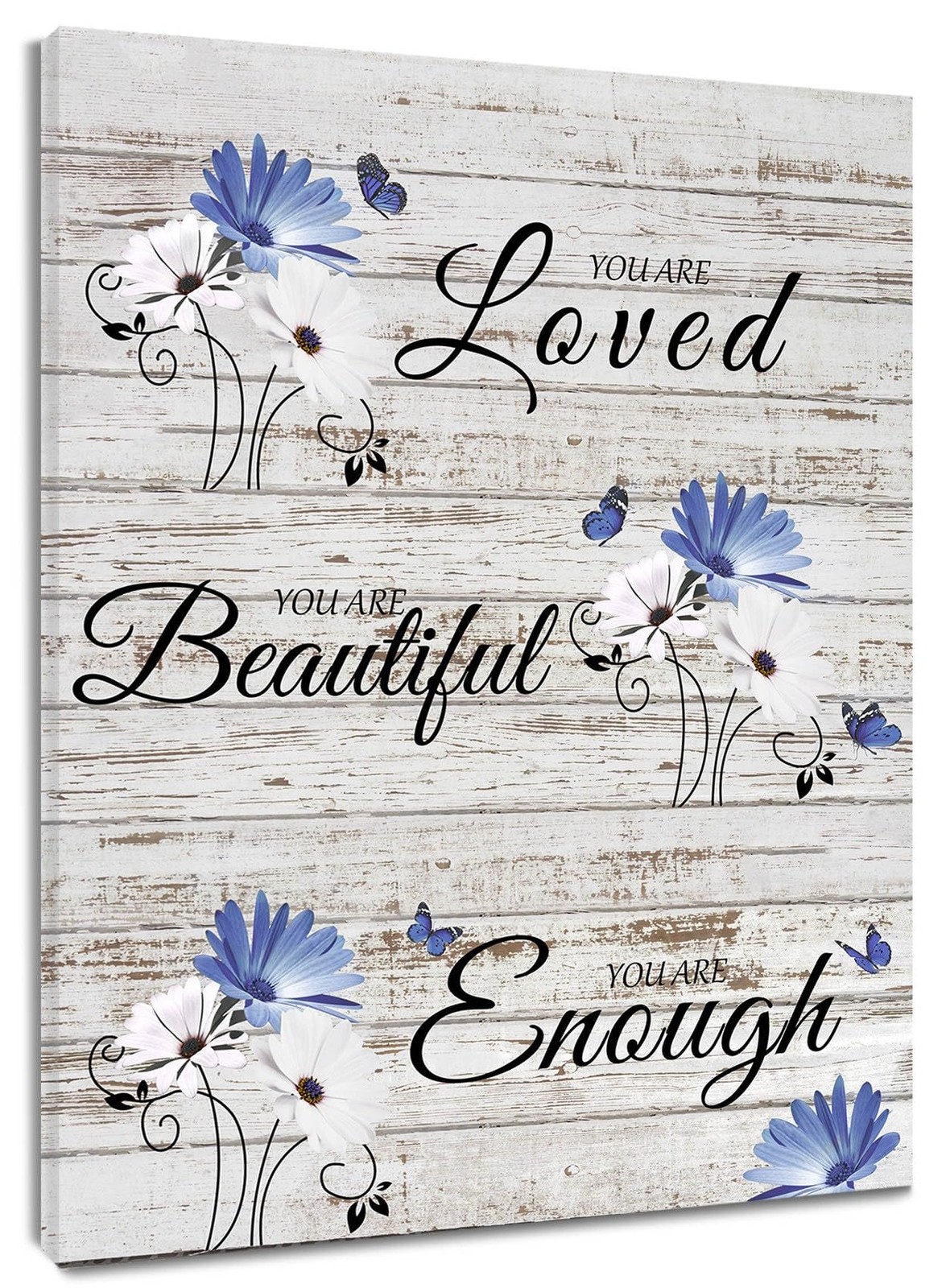 Farmhouse Blue Floral Wall Art Blue White Daisy Flower Butterfly on Rustic Wo…