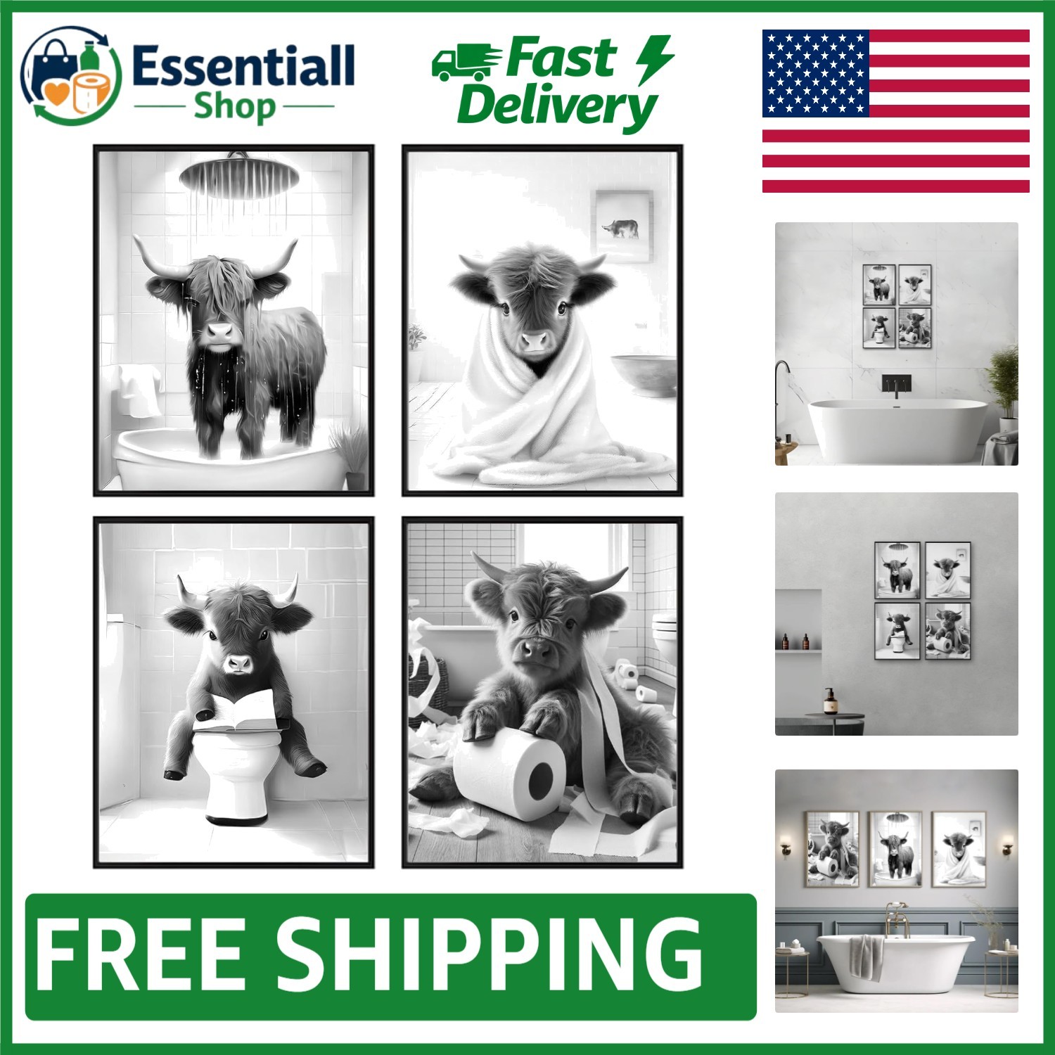 Humorous Black and White Highland Cow Canvas Prints – 8x10in Bathroom Decor