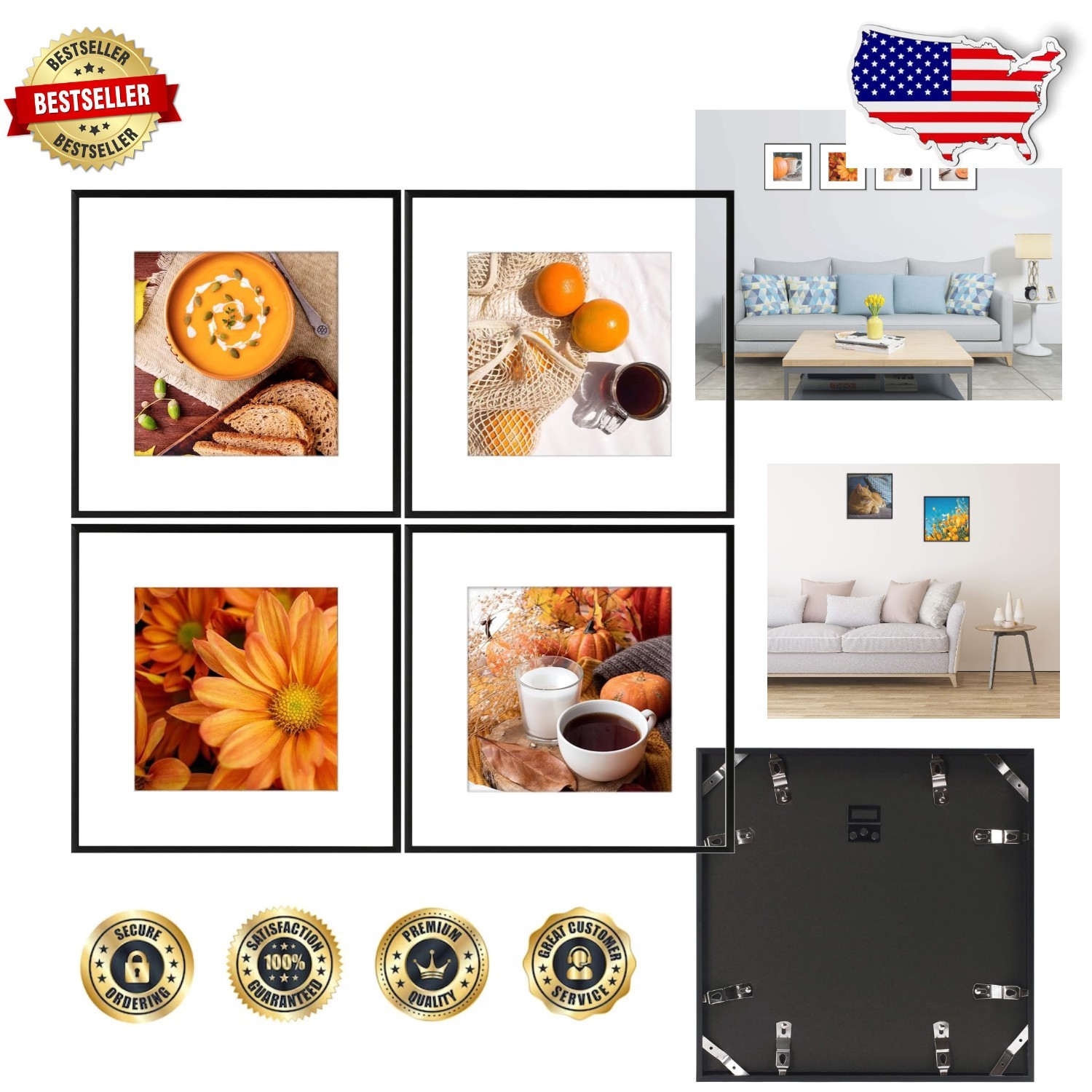Set of 4 Classic Black 12×12 Aluminum Frames Real Glass for 8×8 Photos