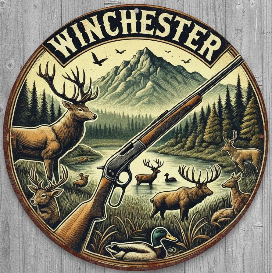 Winchester Rifles 8&Prime; Diameter Vintage Novelty Metal Sign Made in USA New!