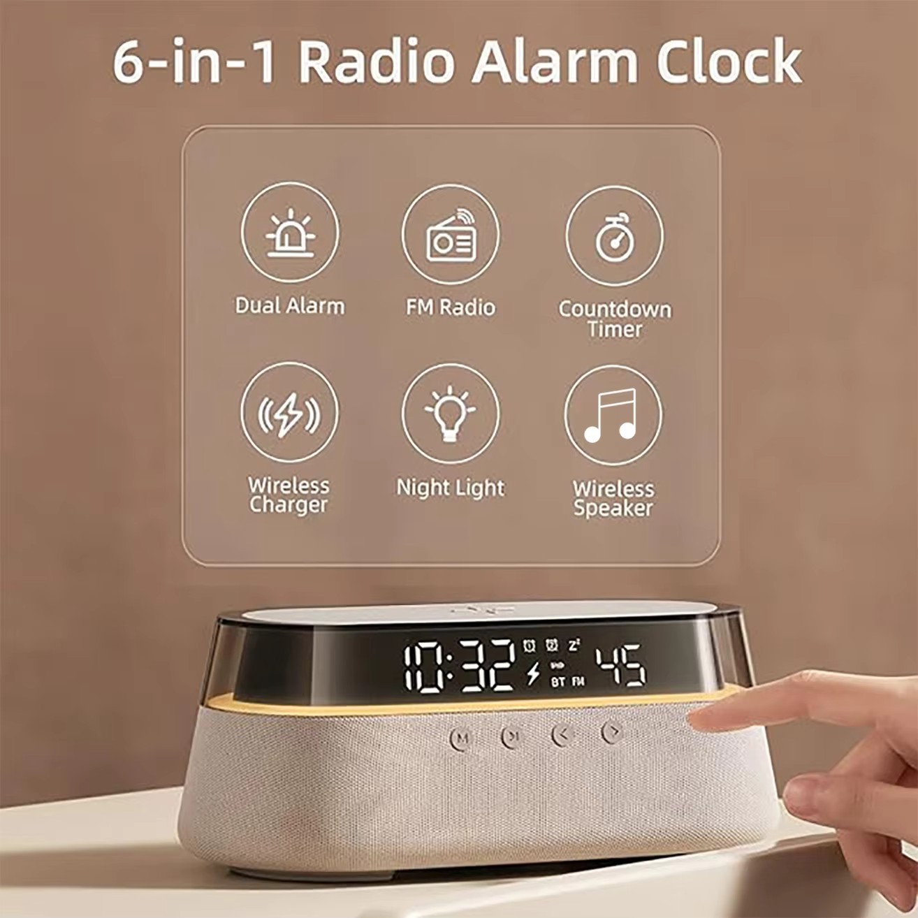 🌈 6-in-1 Smart Alarm Clock Wireless Charger Bluetooth Speaker FM Radio RGB Ligh