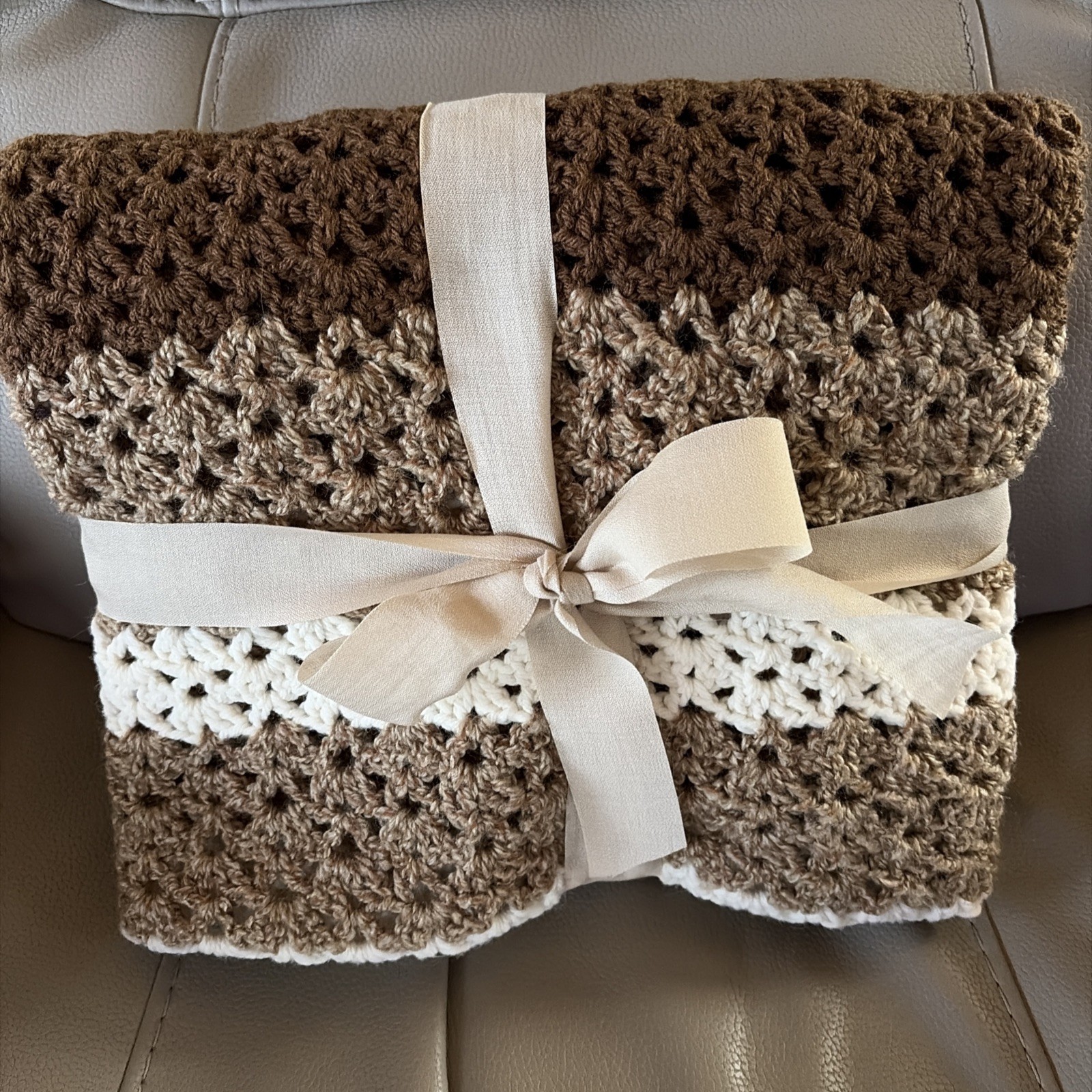 Hand Crouched Throw 46×36 Brown Tones New Unused Handy Pocket For Storage Nice