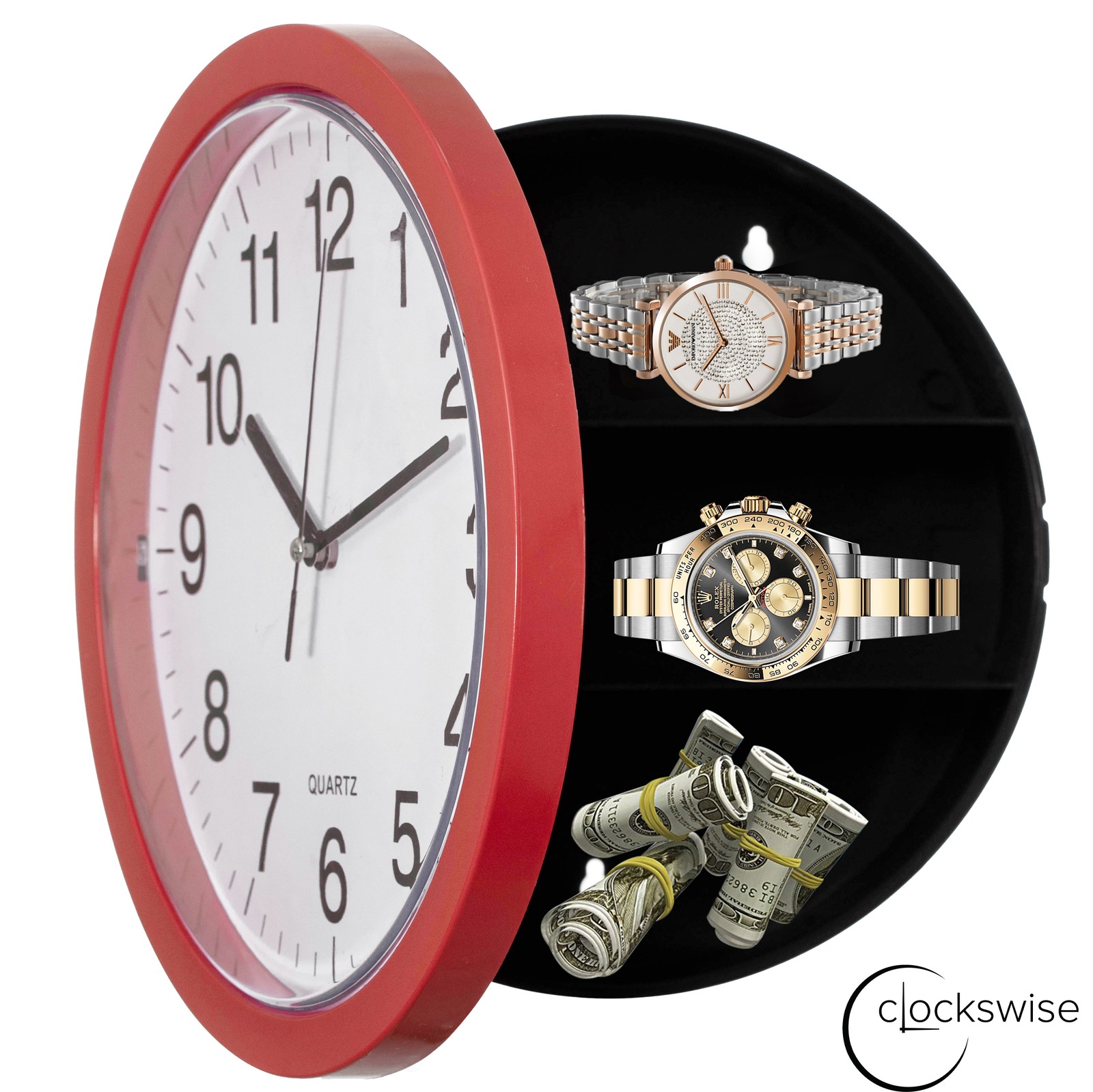 Black Wall Mounted Plastic Clock with Hidden Storage Door – Interior Compartment