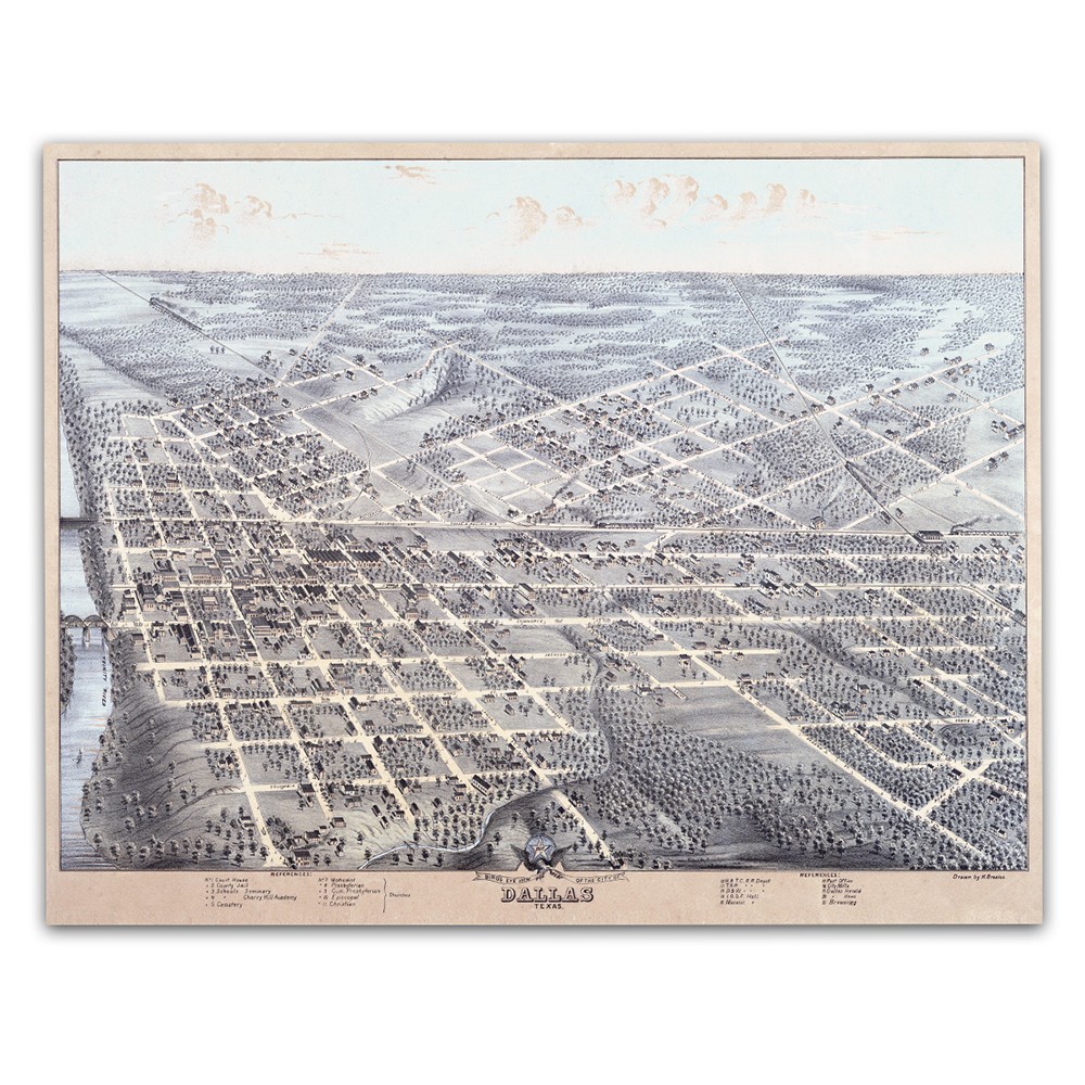 City of Dallas Texas 1872 Bird’s Eye View Historic Town Map Wall Art