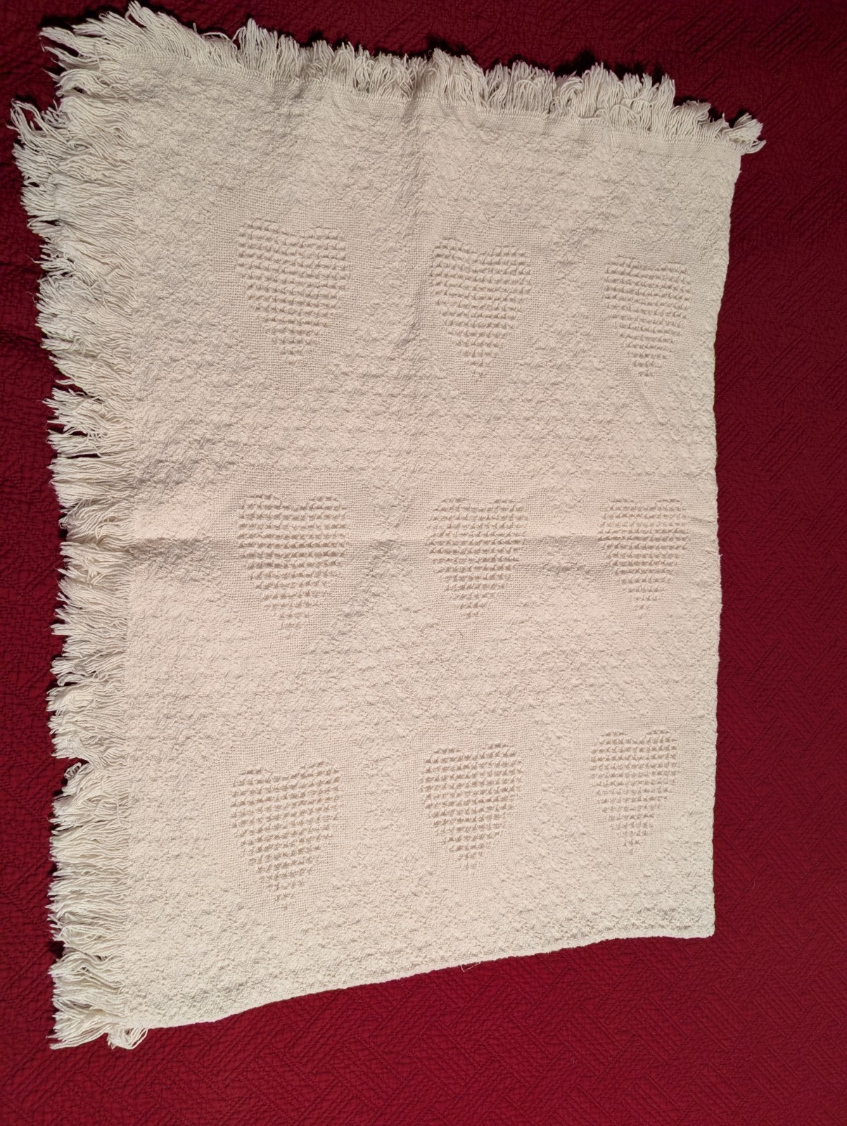 Vintage Cotton Fringed Heart Pattern White Vintage Sofa Throw Blanket