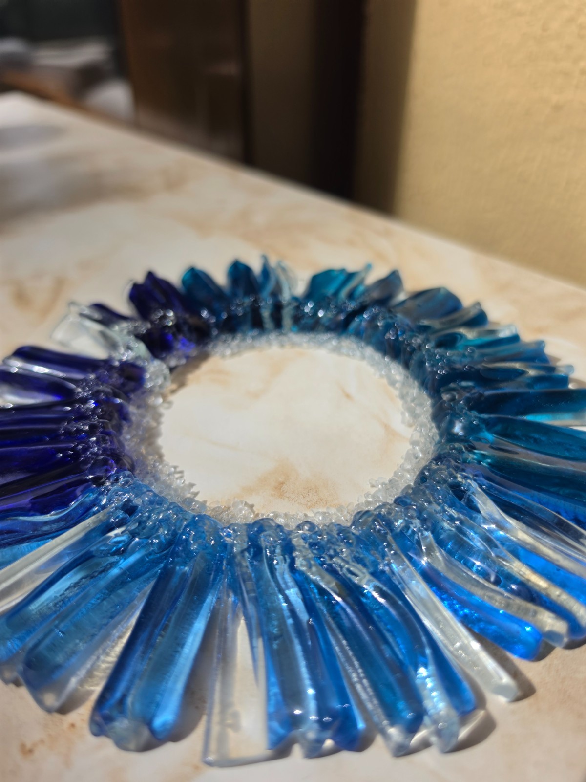 Blue Glass Sculpture 17cm Handmade, Coastal Ocean Decor, Modern Glass Art Ring,