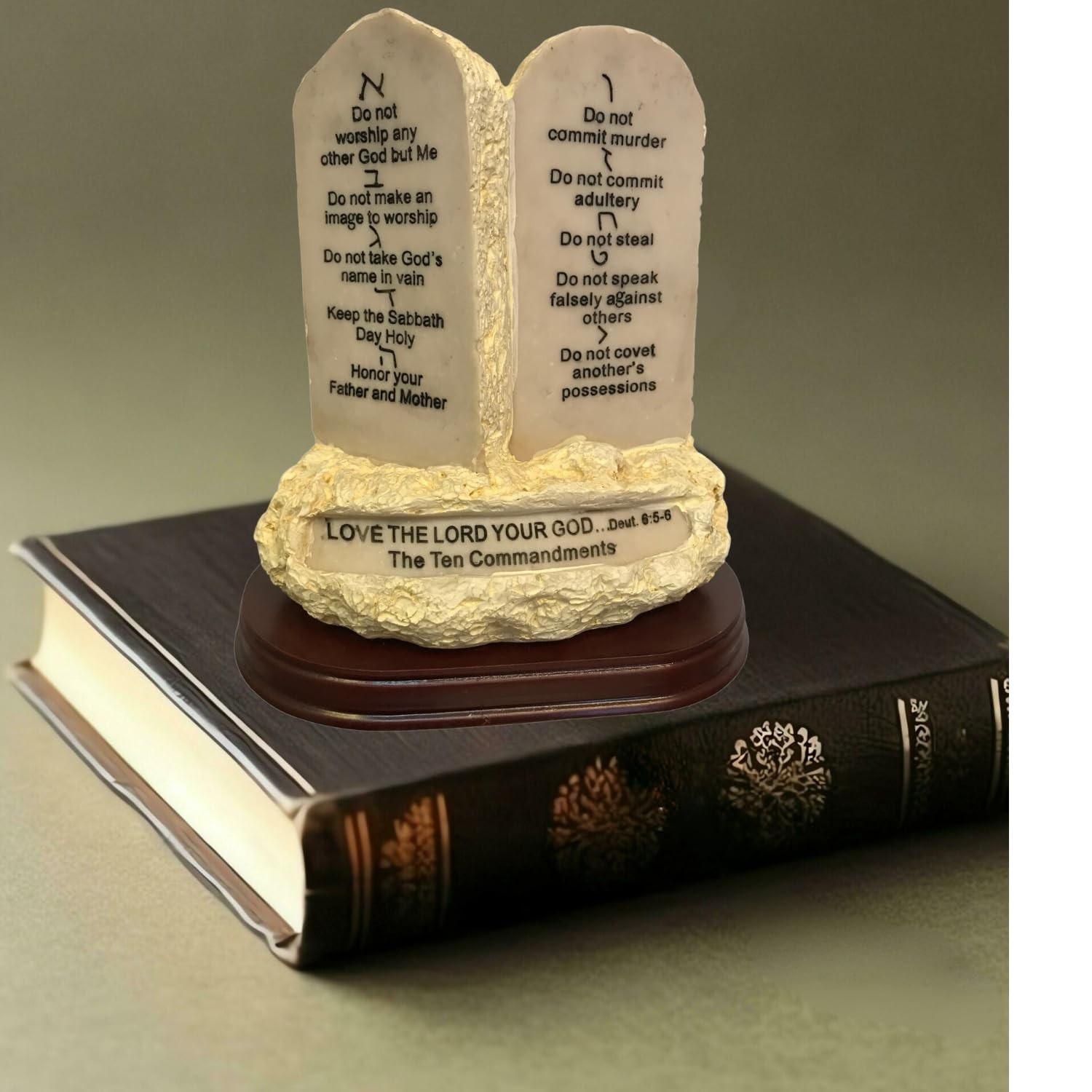 Ten Commandments Tabletop Decor Stone Replica Statue with Scripture on Wood Base