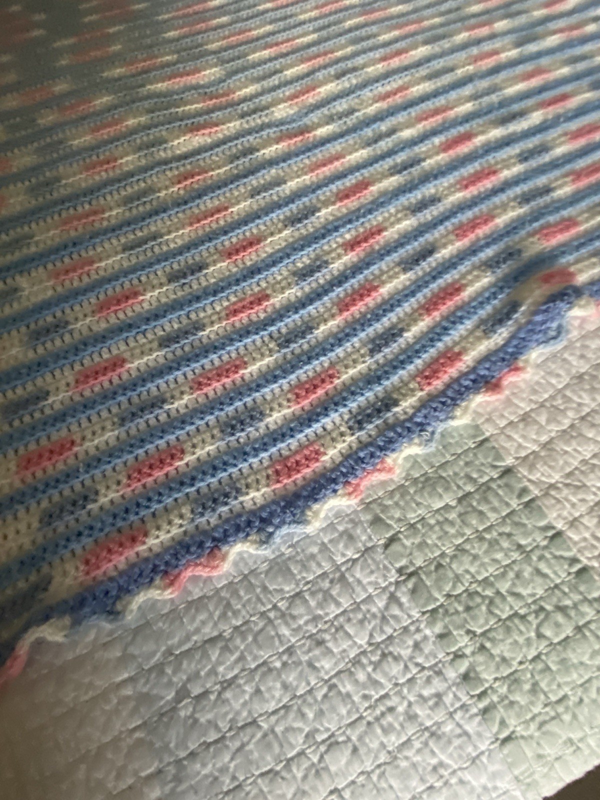 Crochet Quit Pink Blue White Striped Handmade Acrylic Yarn 75 x 33.5 In