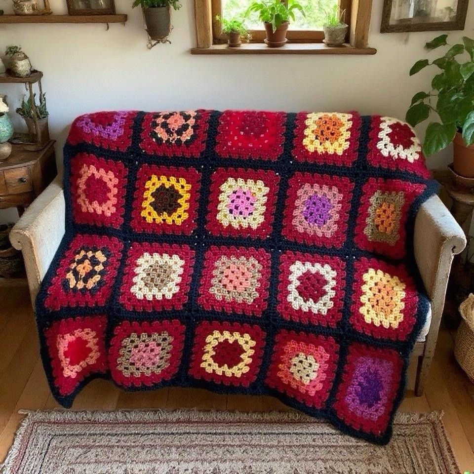Vintage Handmade Colorful Granny Square Crochet Hippie Afghan Blanket