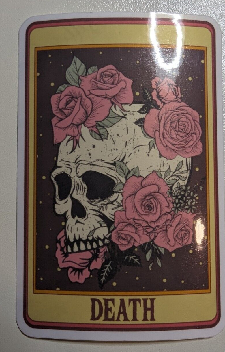 DEATH skull with roses flowers tarot &lsquo;card&rsquo; die-cut printed vinyl sticker