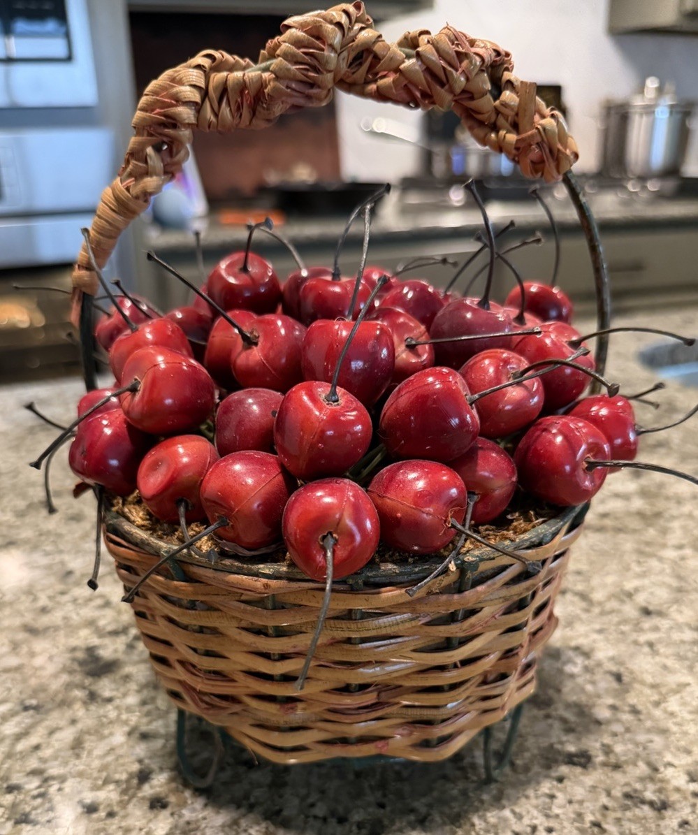 Artificial Cherries In Wicker Basket Metal Legs Cottage Core Decor, Granny Core