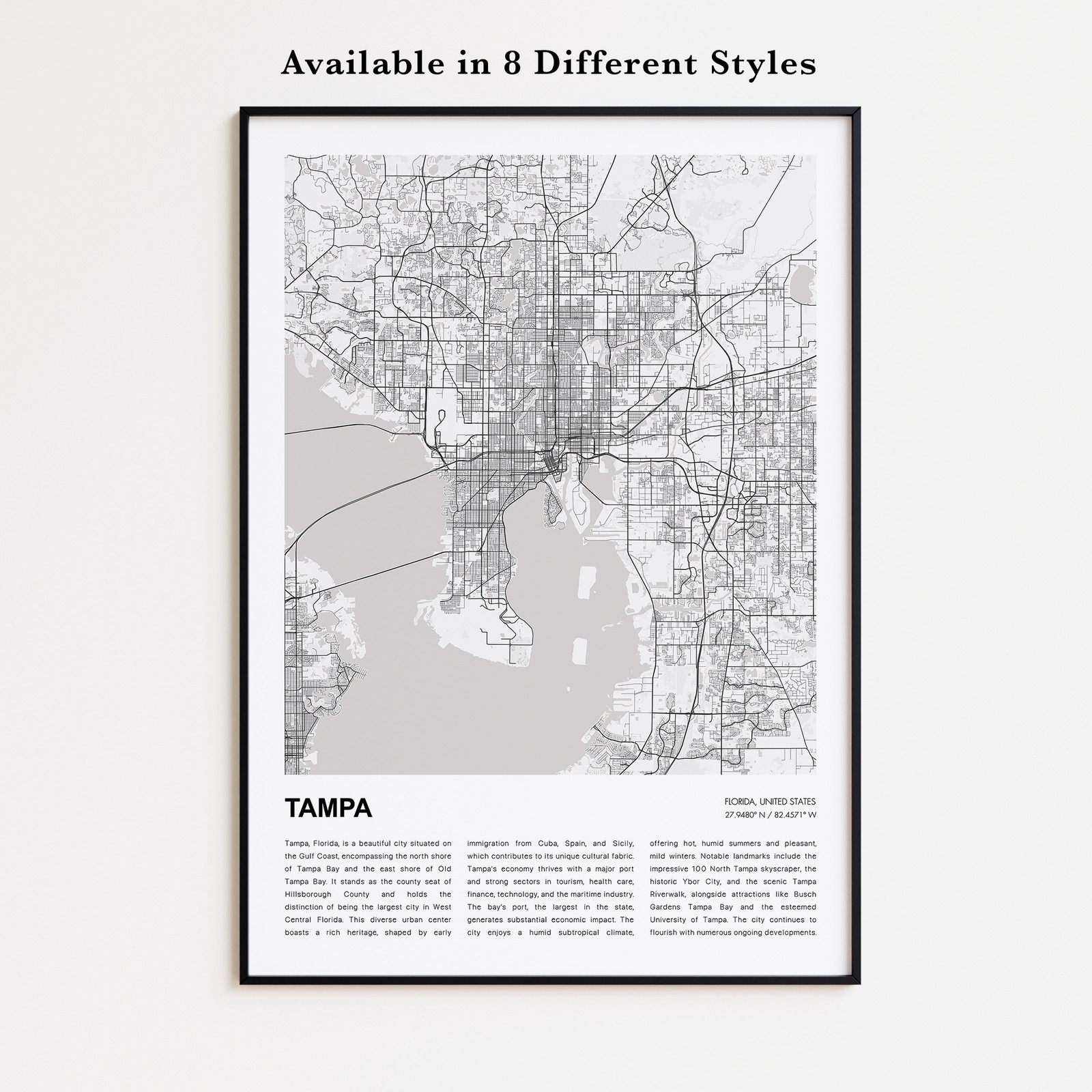 Tampa City Map Print, Florida Travel Poster, Modern Map, Wall Decor Art