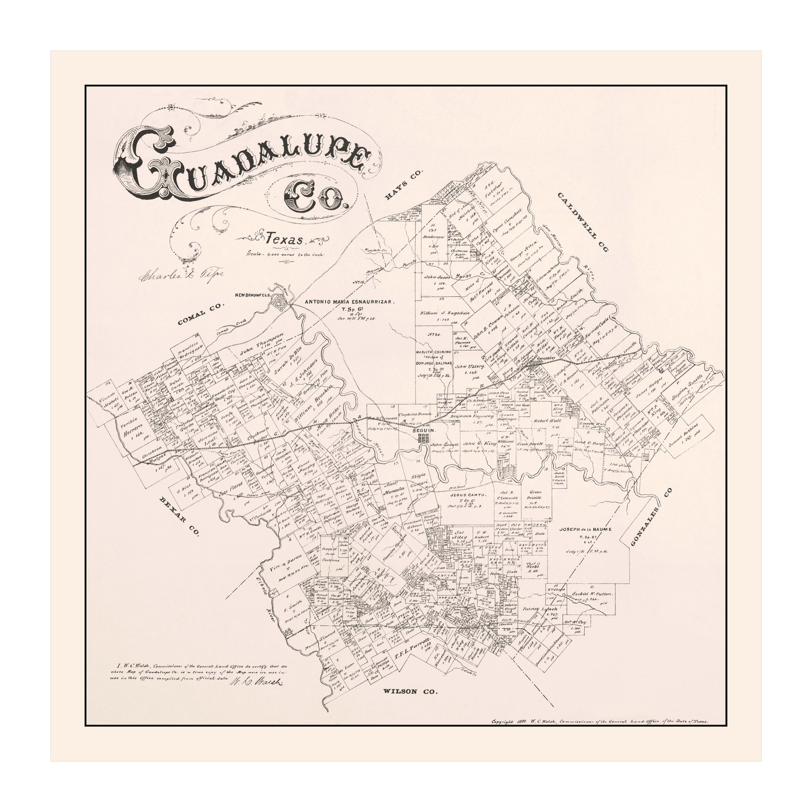 Old Map of Guadalupe County, TX 1880 – Vintage Texas Art