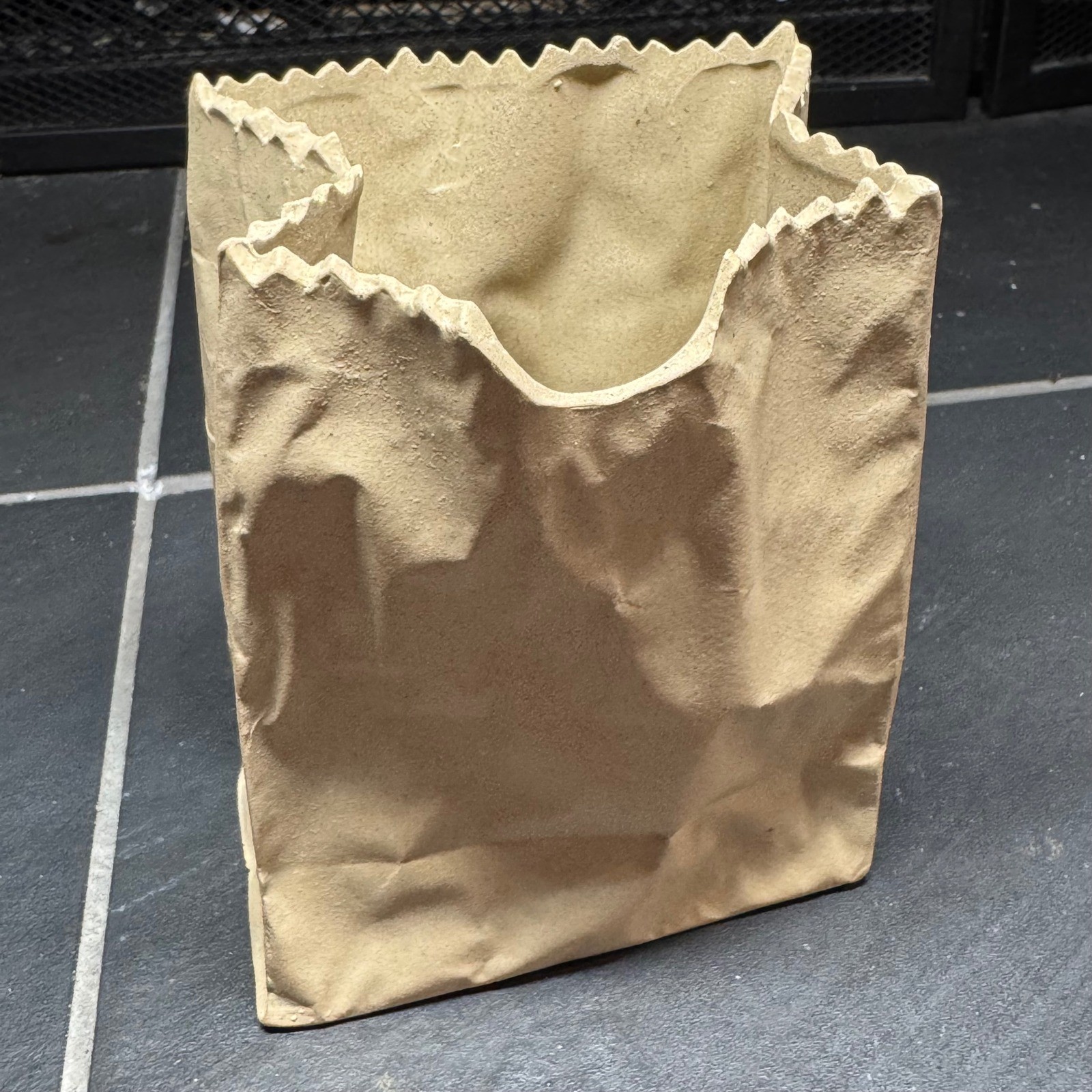 Ceramic Brown Paper Bag Vase Trompe L&rsquo;oeil Sculptural Planter Tan Decor 6 Inch