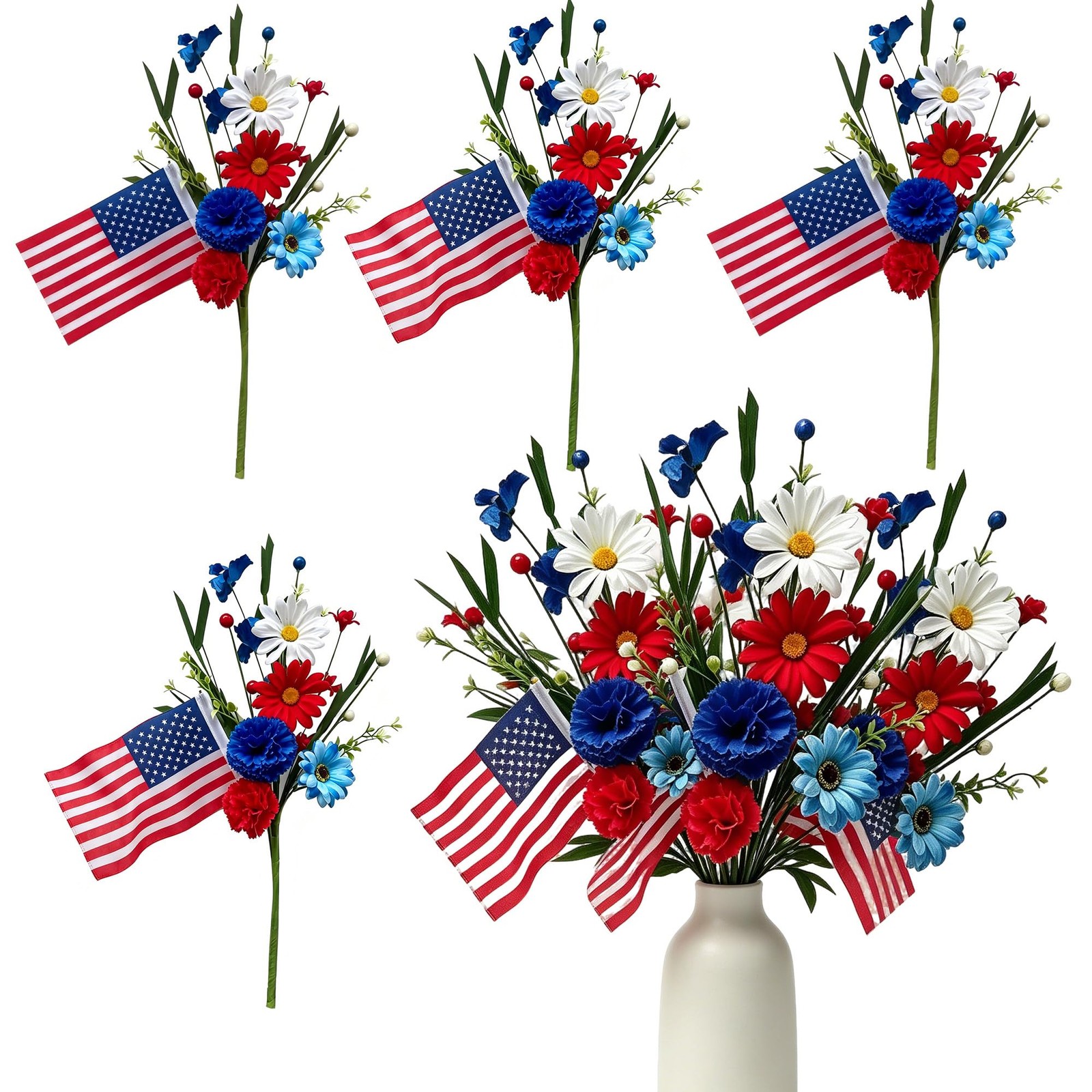 4 Pack 4th of July Picks Patriotic Artificial Red White Blue Daisy Flowers wi