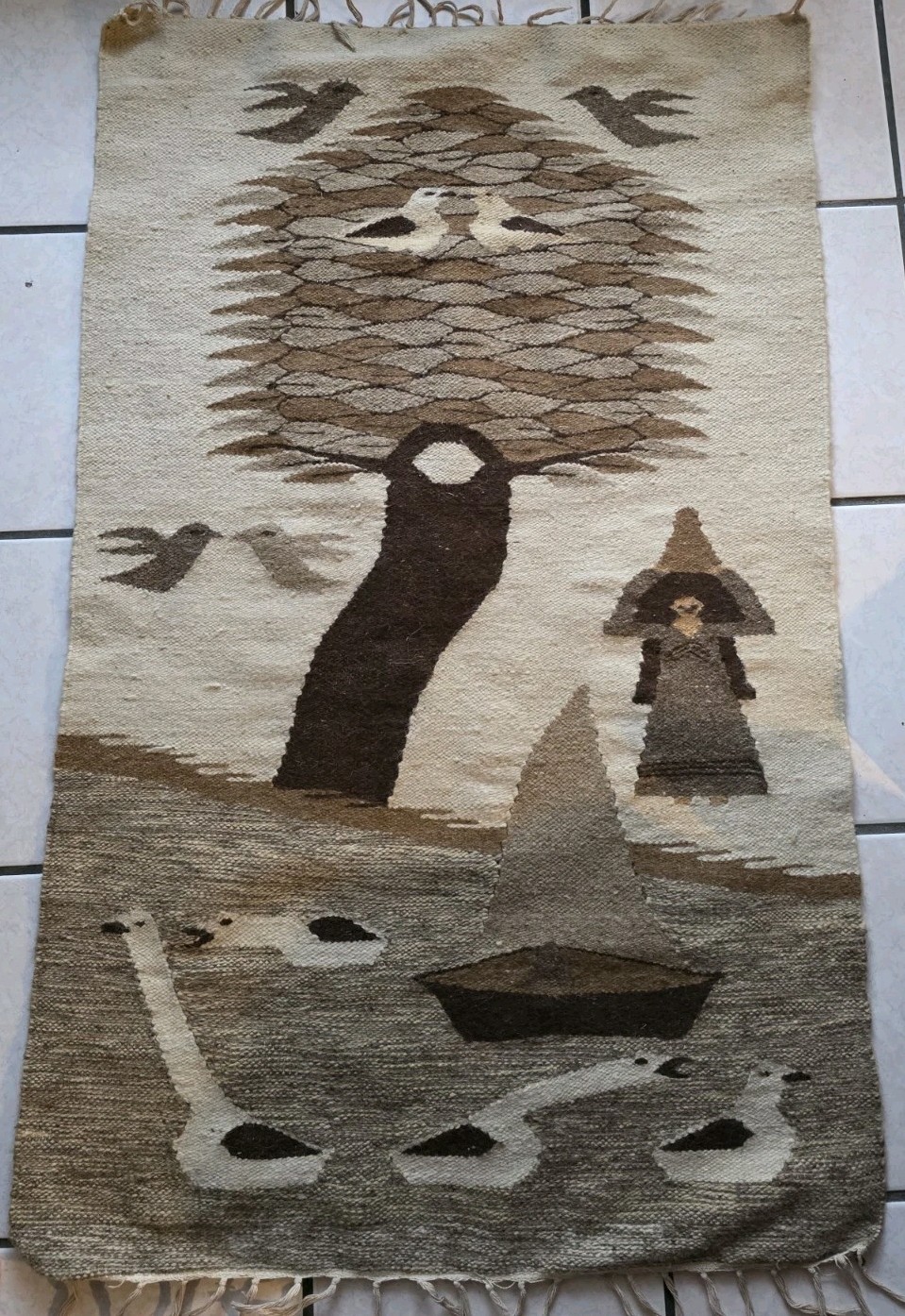 Vintage HandWoven Egyptian Tree of life Kilim Rug Wool Tapestry Birds With Woman