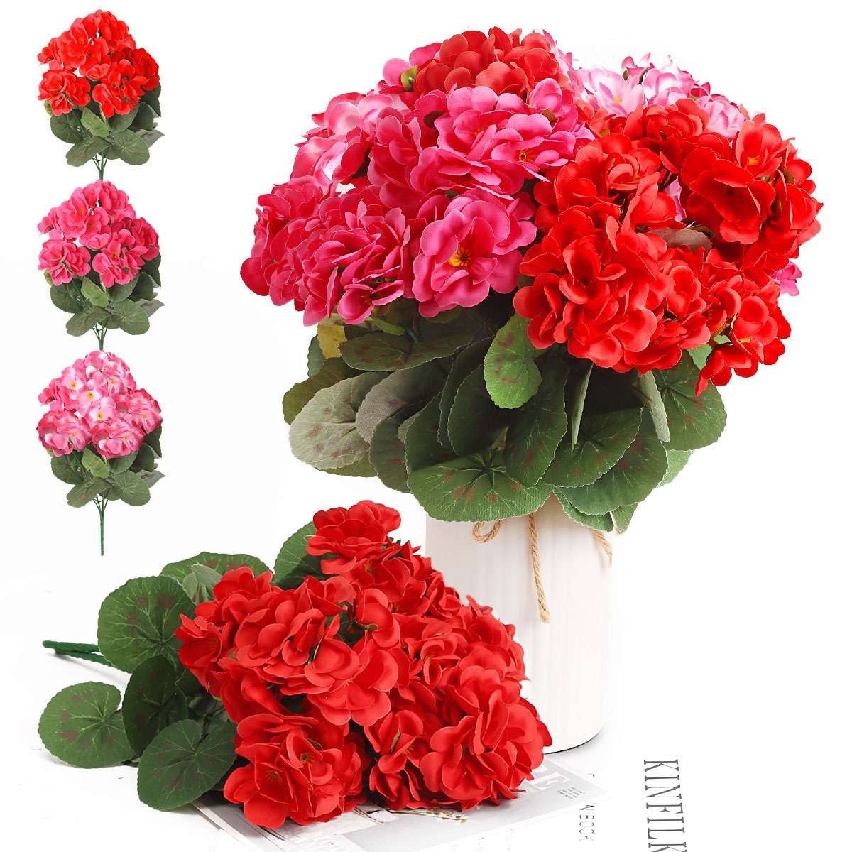 Lot Artificial Silk Flowers Red Geraniums Bush Plants Home Outdoor Garden Decor