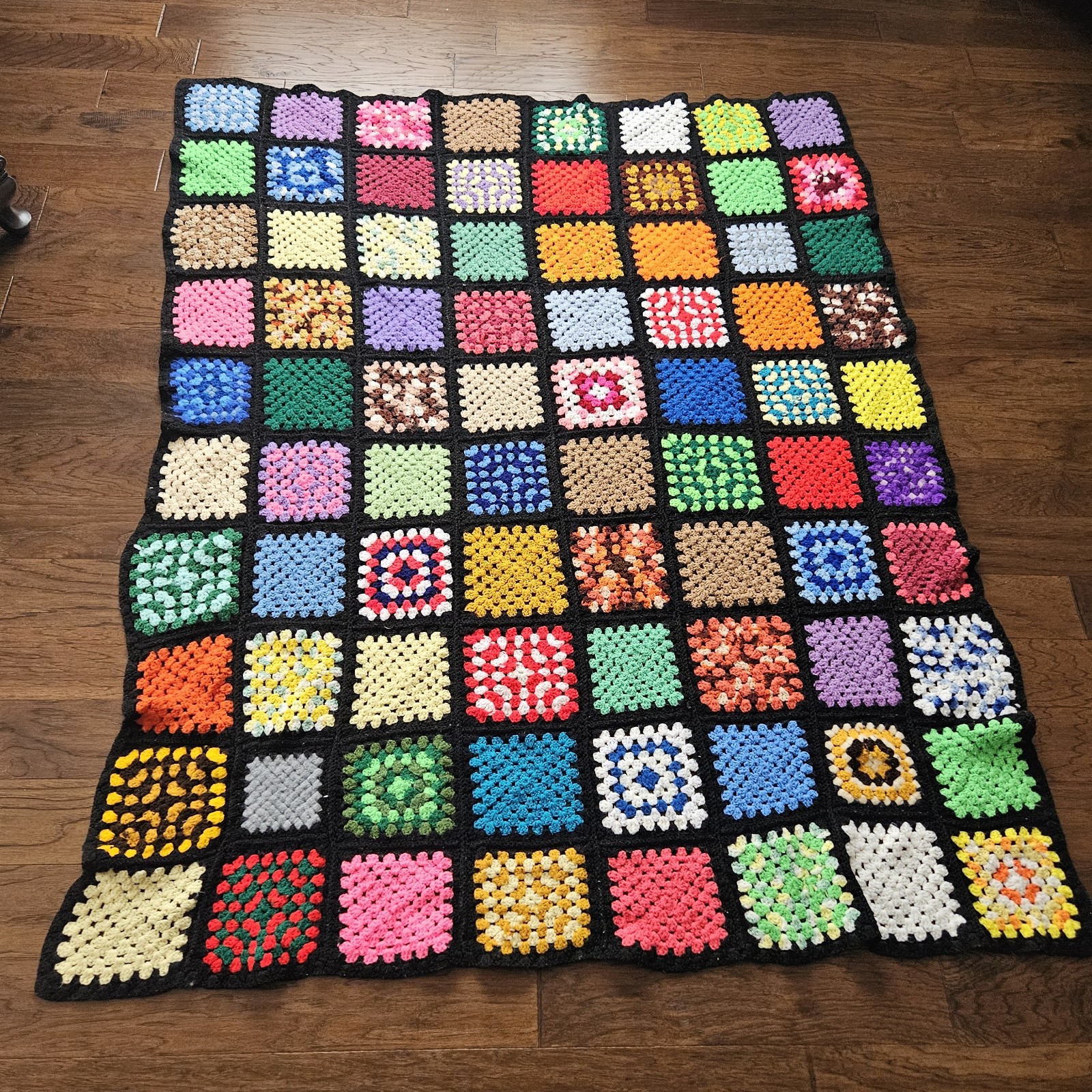 Granny Square Crochet Afghan Throw Black 79×51 Vintage Retro Rosanne Blanket