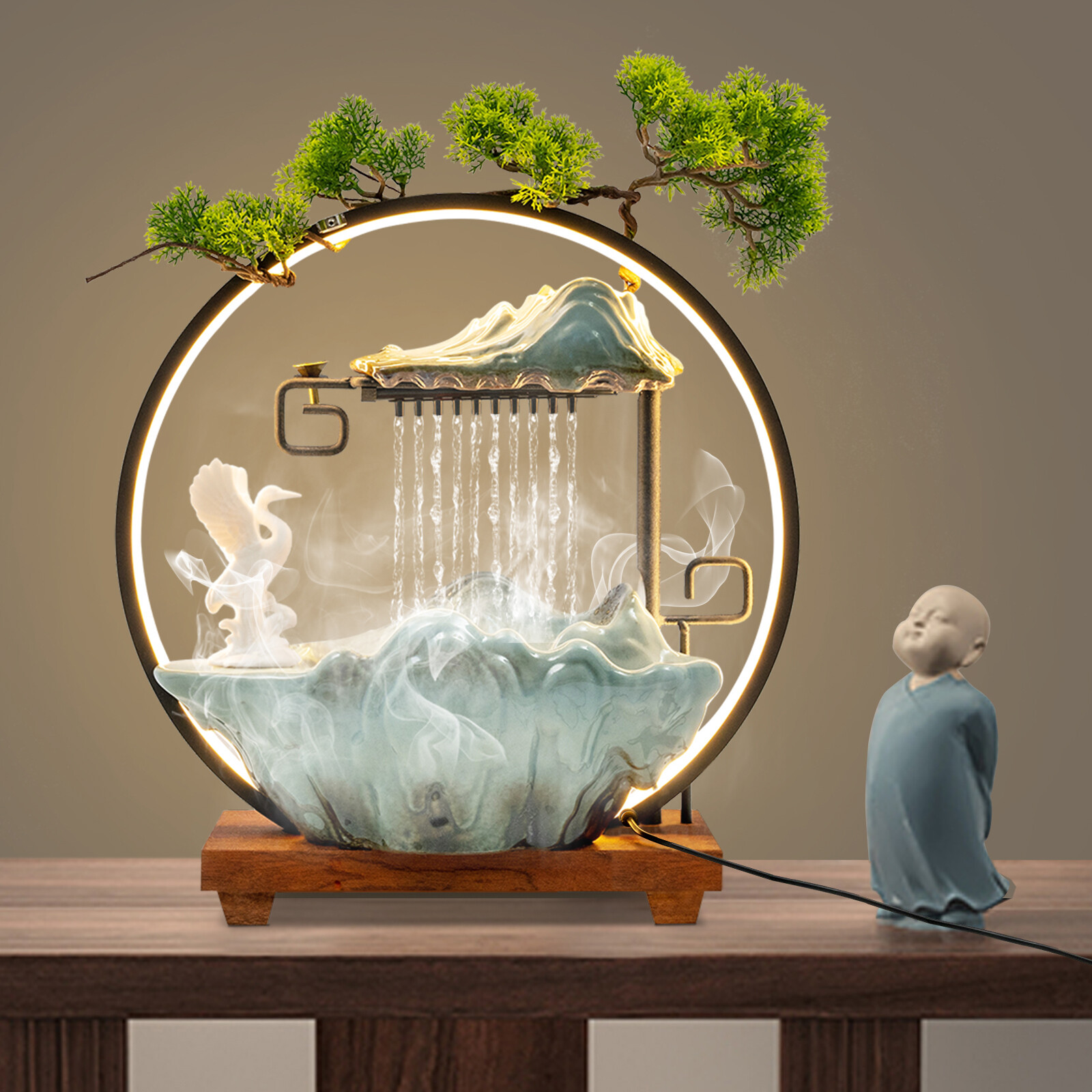Tabletop Water Fountain Indoor Waterfall with LED Light Mist Desk Fountain 110V！