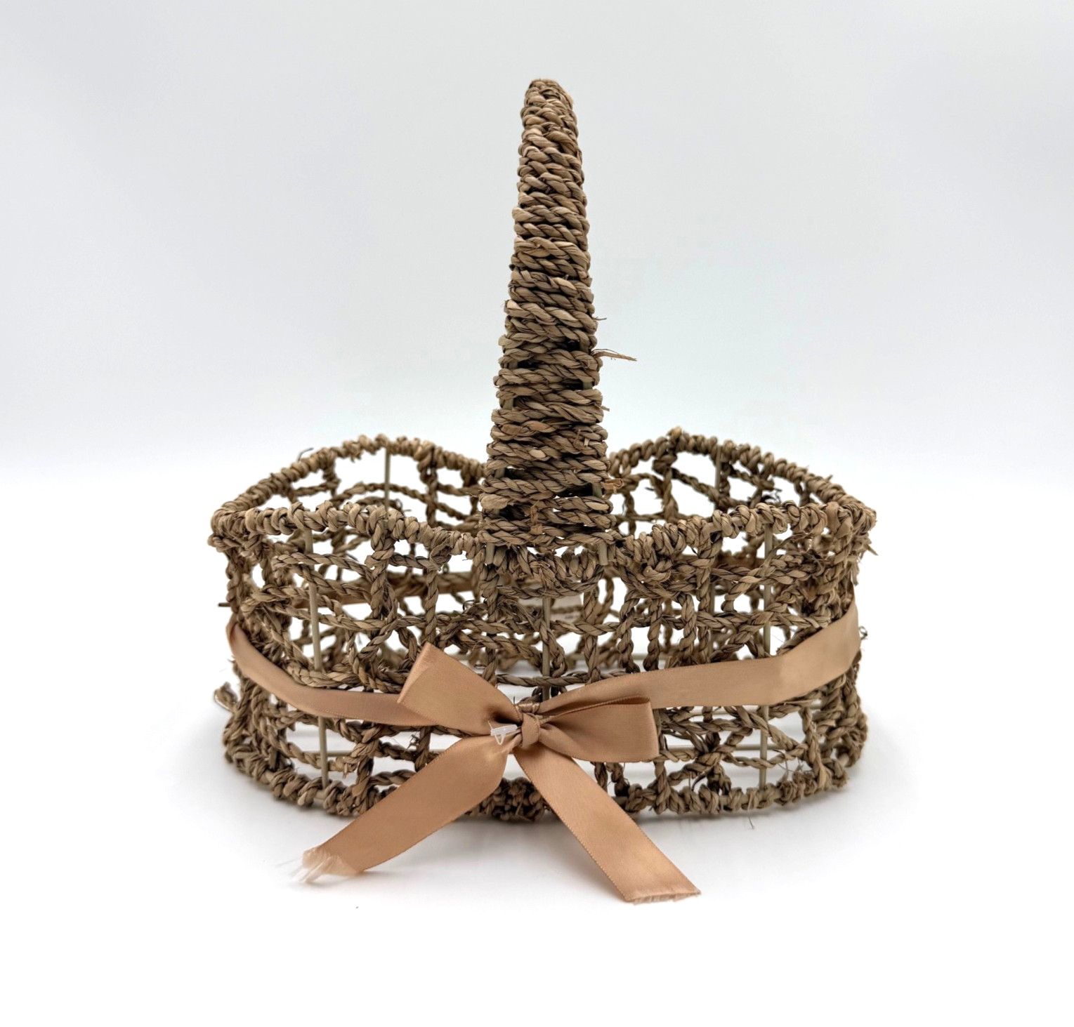 Handwoven Natural Wicker Basket with Handle Ribbon Rustic Farmhouse Pre Owned