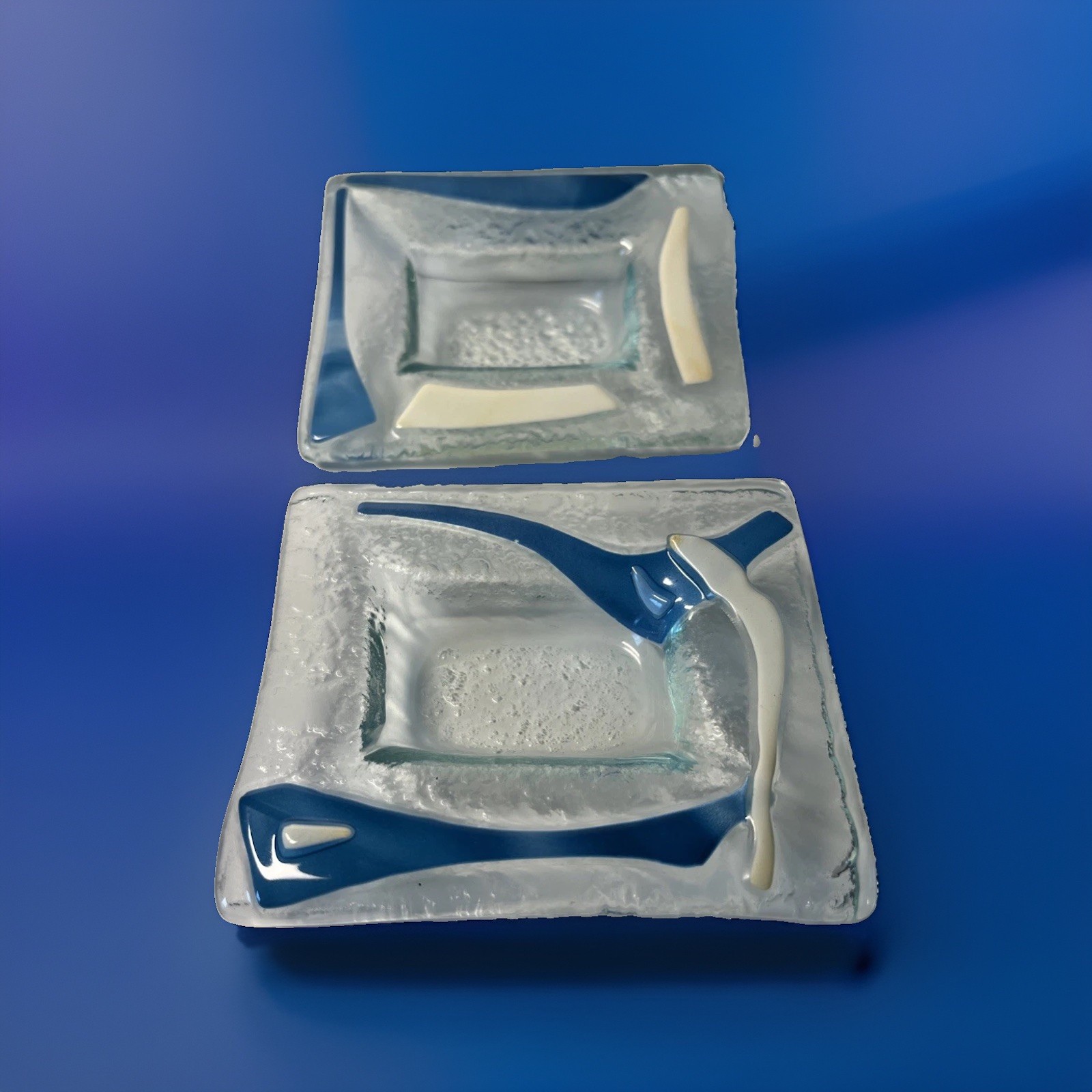 Pair of Fused Art Glass Trinket Dishes – Abstract Blue & White