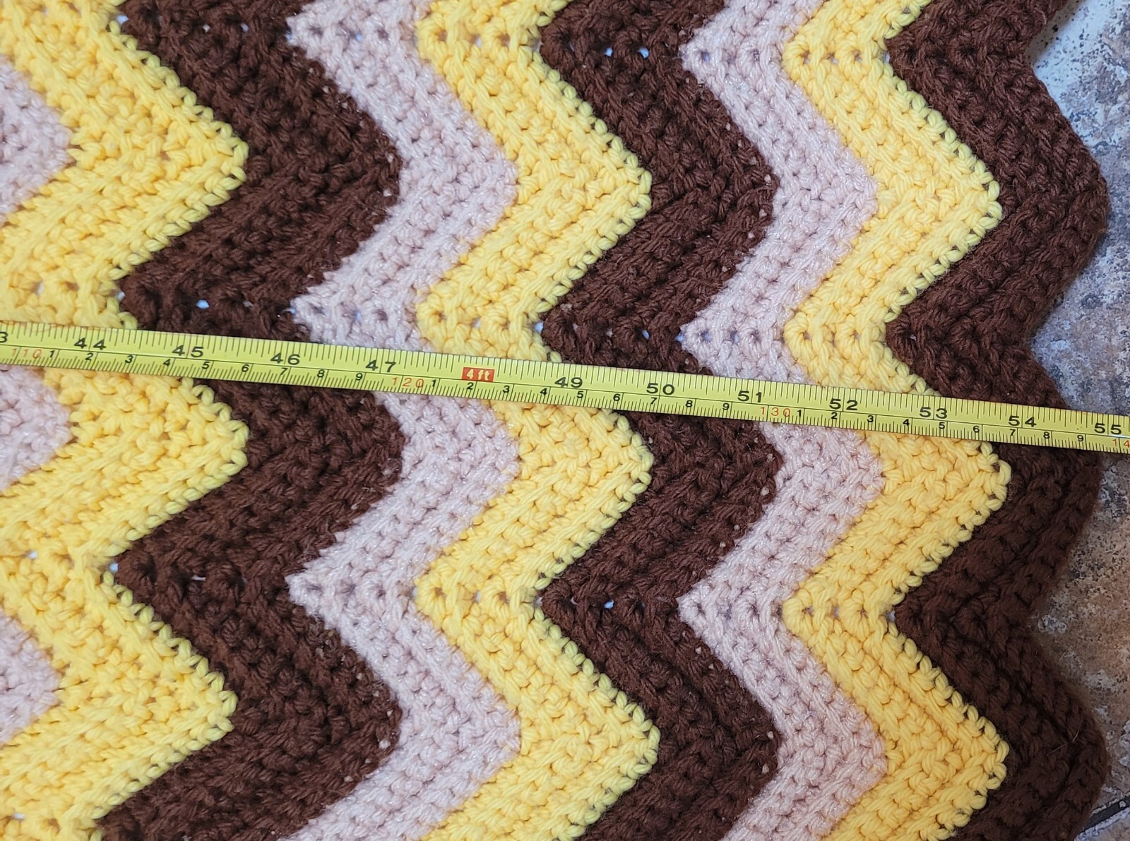 Crochet Handmade Afghan Throw Blanket Chevron 55”x 35”Brown Yellow Tan Vtg