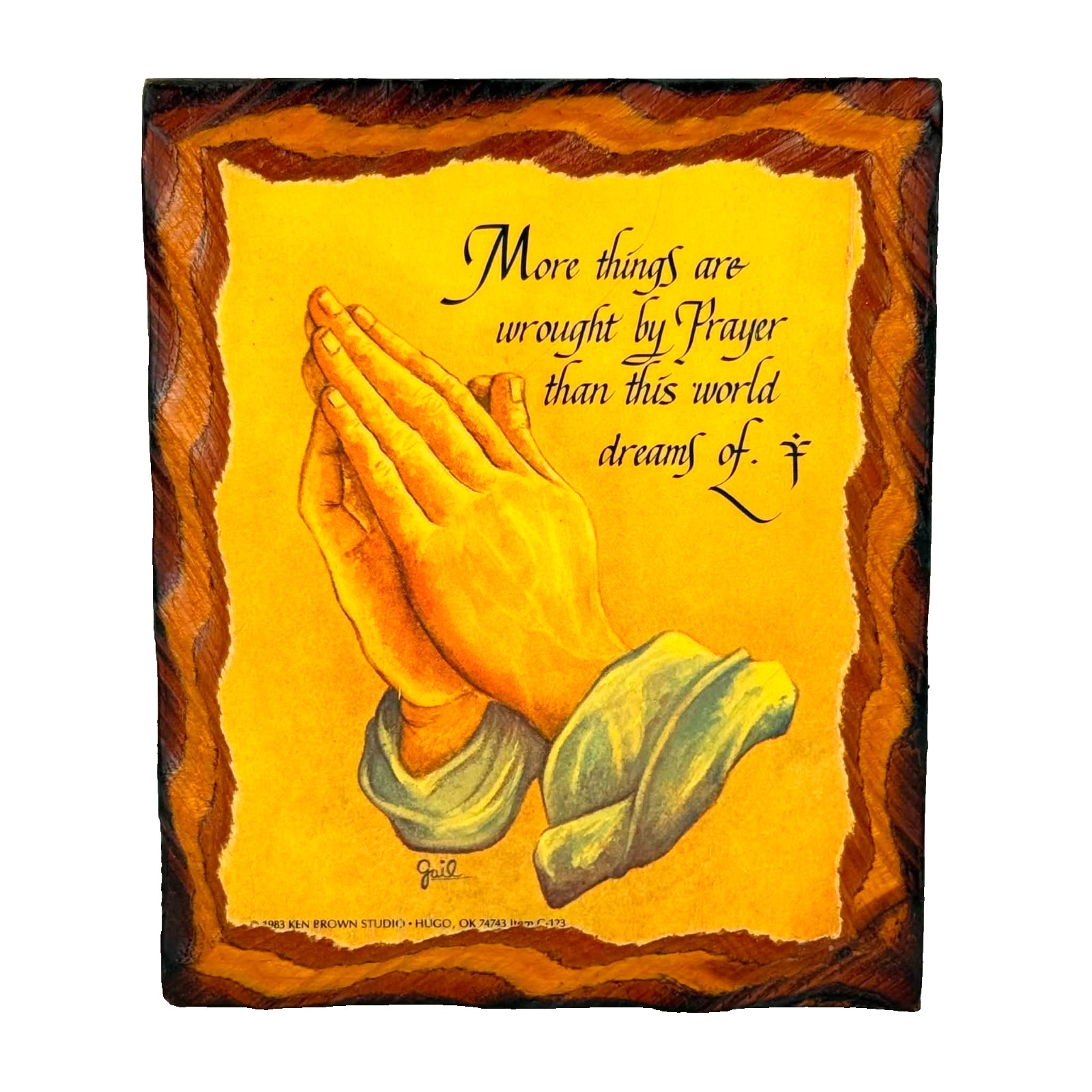 Vintage 1983 Ken Brown Studio Praying Hands Wood Plaque Religious Calligraphy