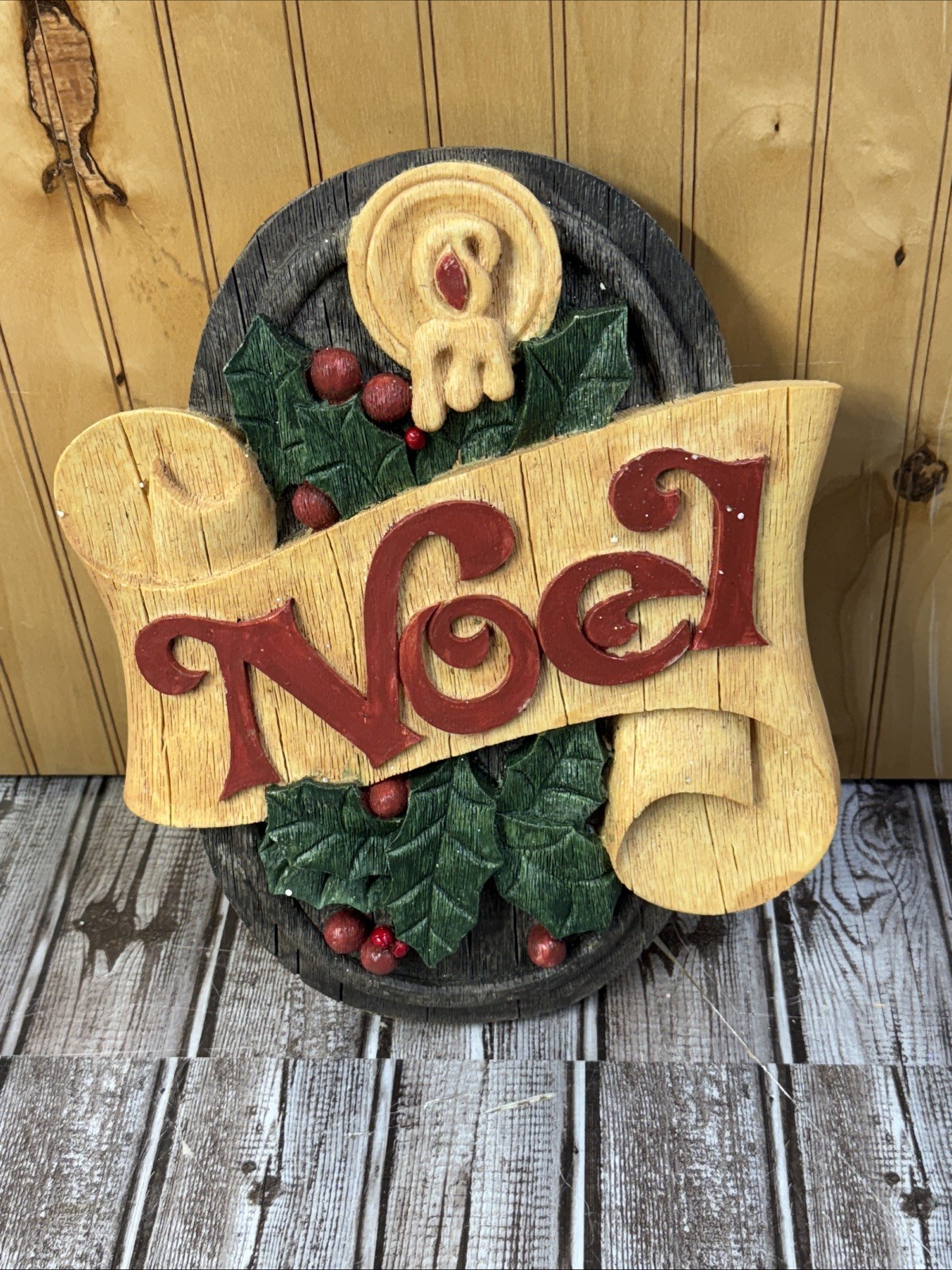 Vtg Seasons Greetings &Noel Wall Hanging Decor Sign Plaque Rustic Farmhouse